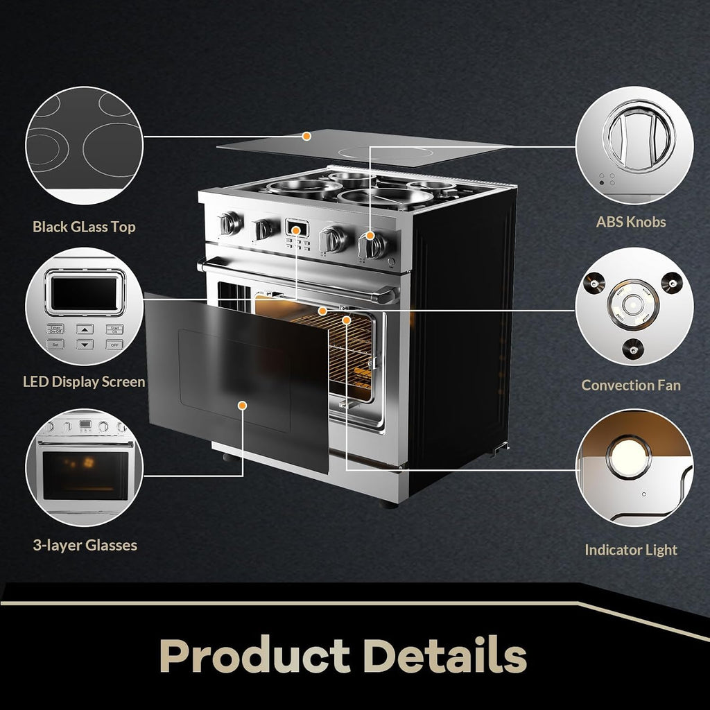 30-Inch Electric Range with 4.8 Cu.Ft Convection Oven, 4 High-Powered Burners, 6 Cooking Modes, Smooth Glass Surface, Built-In Timer, Freestanding Professional Kitchen Stove