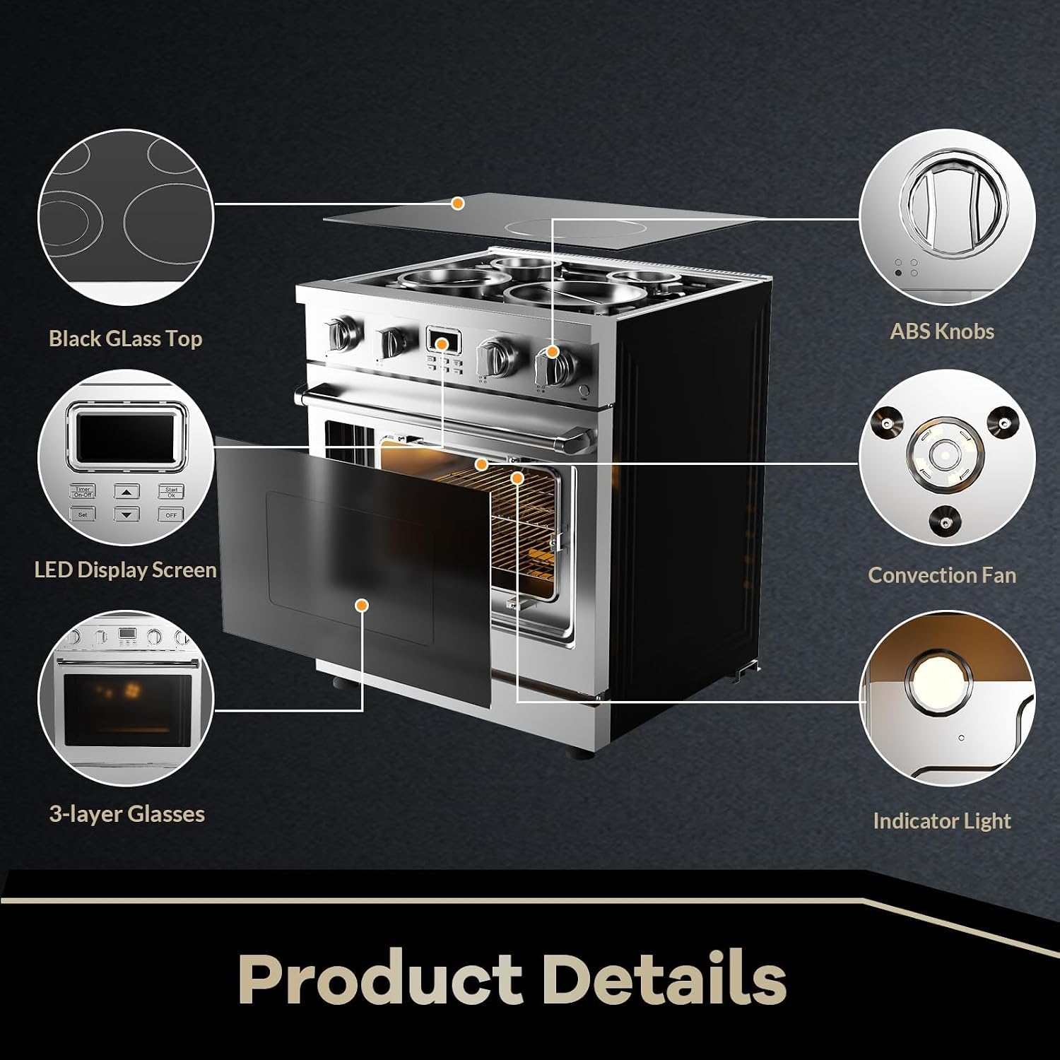 30-Inch Electric Range with 4.8 Cu.Ft Convection Oven, 4 High-Powered Burners, 6 Cooking Modes, Smooth Glass Surface, Built-In Timer, Freestanding Professional Kitchen Stove