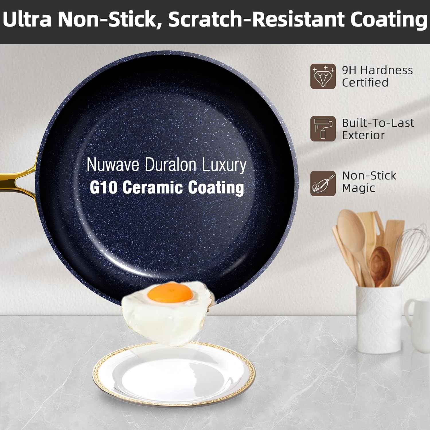 Nuwave Lux LE 13-Pc Cookware Set with Elegant Gold Handle, Diamond Infused Ceramic Non-Stick, PFAS Free, Premium Metal Lids, Ergonomic Stay-Cool Handles, Induction Ready & Compatible w/All Cooktops