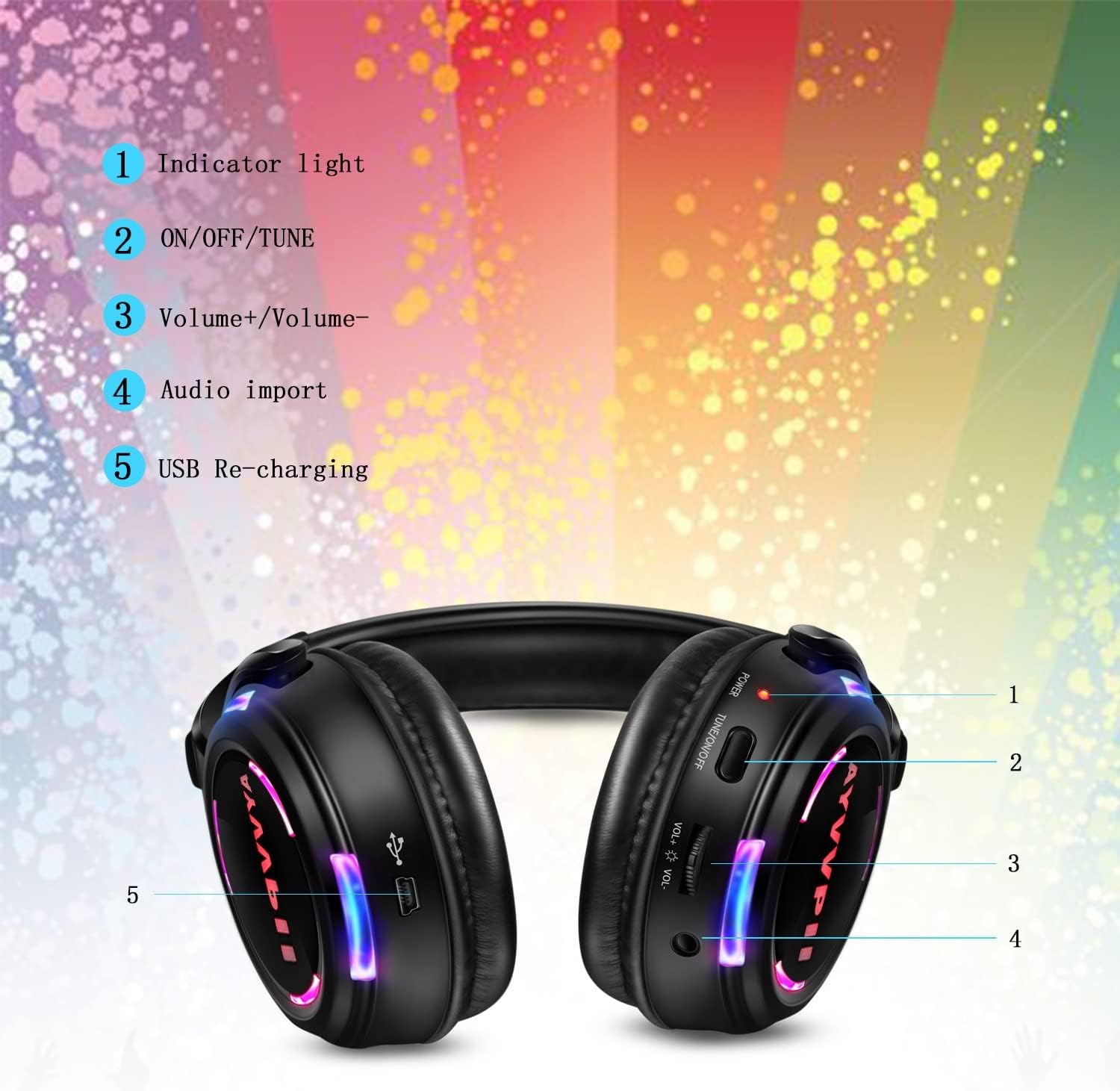 Rechargeable Wireless Silent Disco Headphones RF LED Flashing Light Headset 10pcs Headphones Bundle and 1 Transmitter 500m Distance