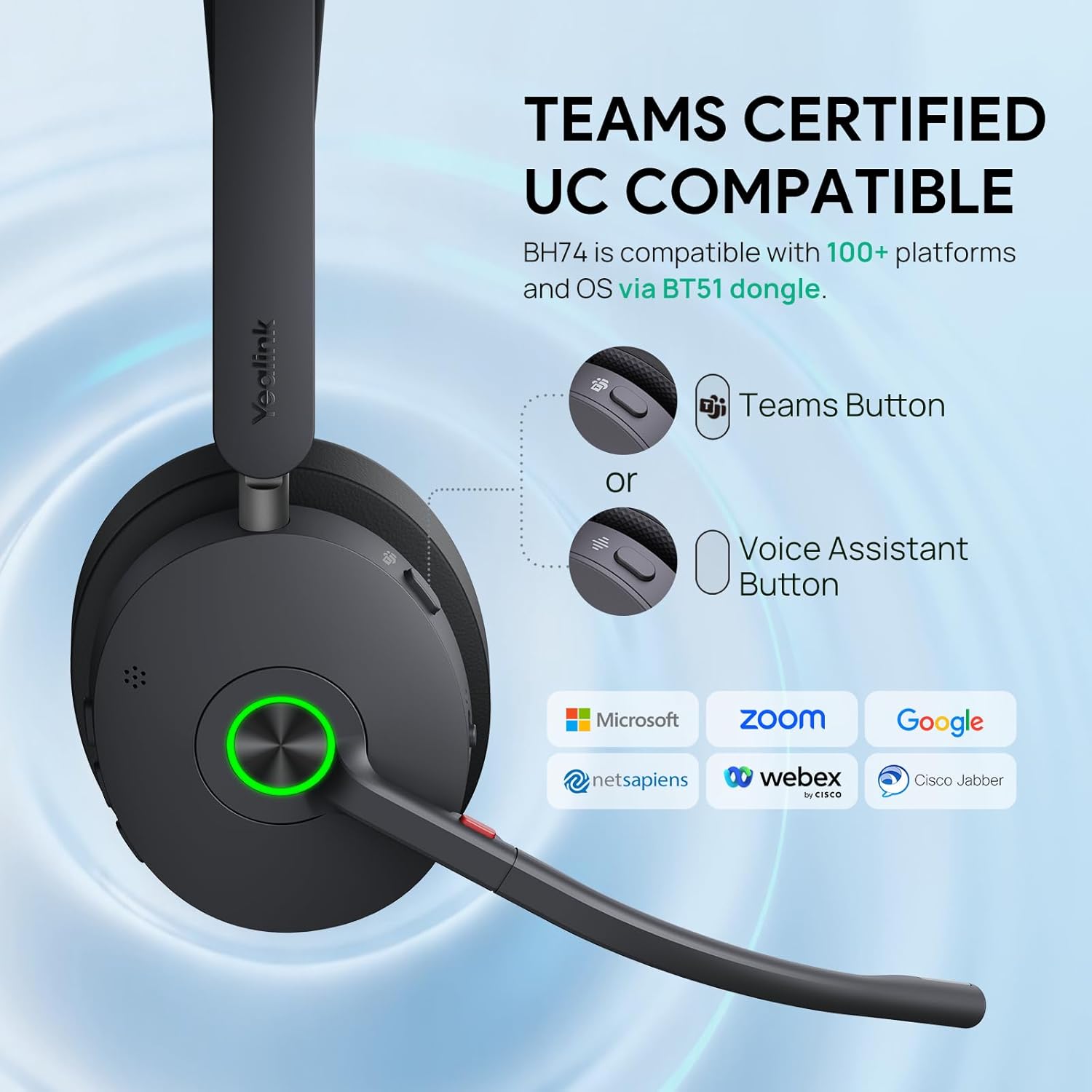 Yealink BH74 UC ANC Bluetooth Headset with Microphone for Hybrid Work, Microsoft Teams Premium Open Ofﬁce Certified Headsets with 6-mics Active Noise Cancellation, Zoom Certified, 65H Battery