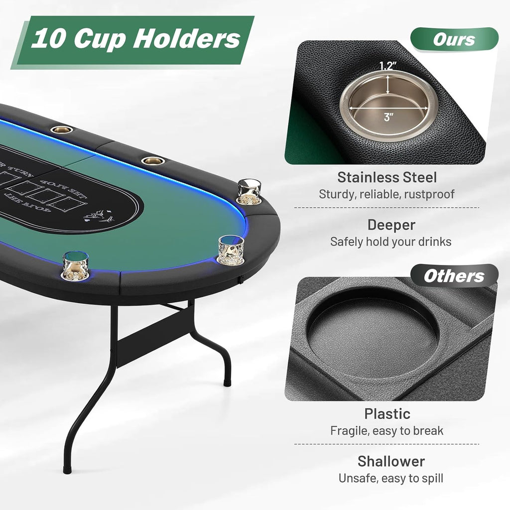 Goplus 84' Foldable Poker Table with LED Lights, 10 Players Card Board Game Table w/Casino Grade Felt, Steel Cup Holder, Padded Rails, for Texas Hold'em, Blackjack, No Assembly Required (Green)