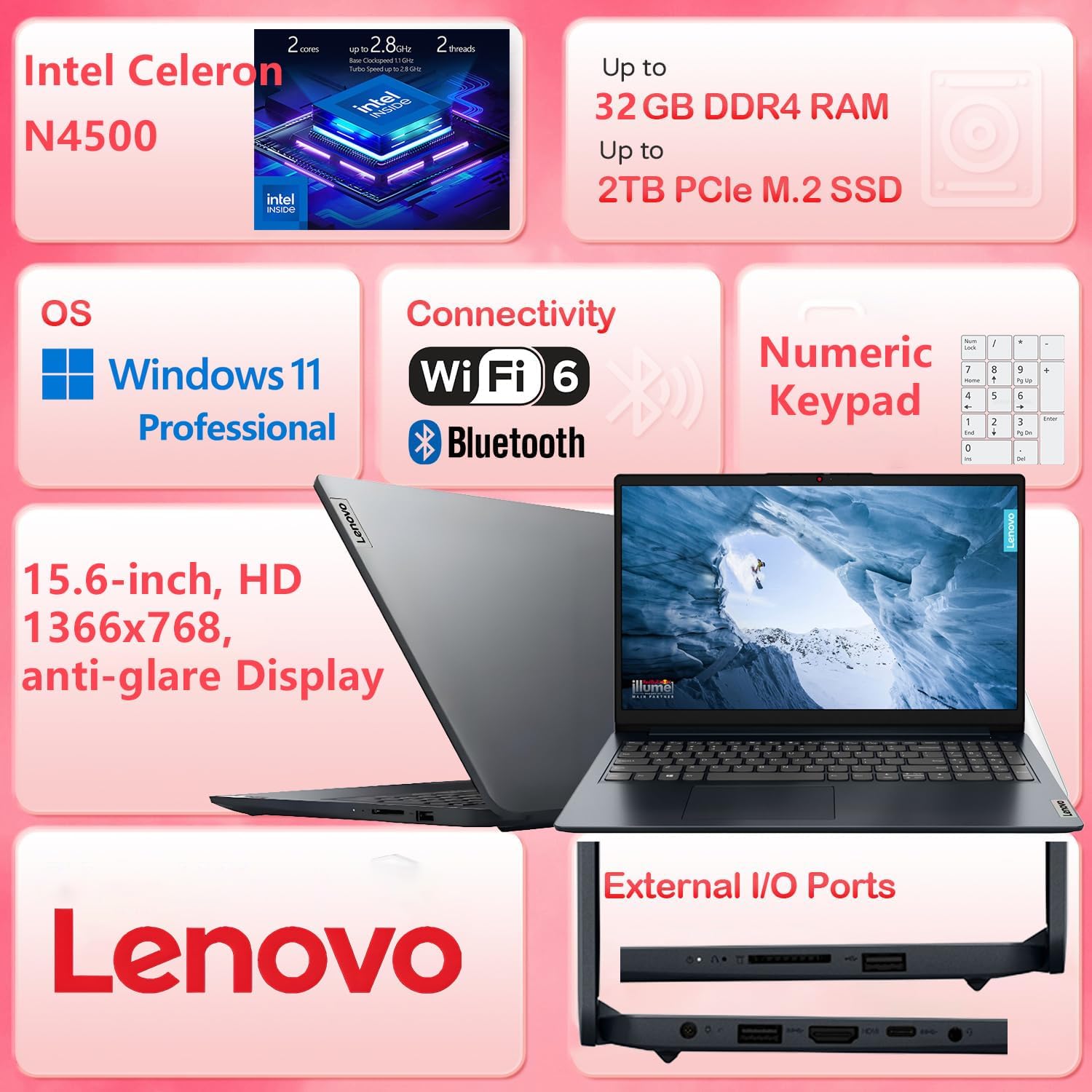 Lenovo 15.6' Laptop Computer for Business and Student, Intel Dual Core Processor, 16GB DDR4 RAM, 256GB PCIe SSD, WiFi 6, BT 5.2, Type-C, HDMI, Numeric Keypad, Abyss Blue, Windows 11 Home