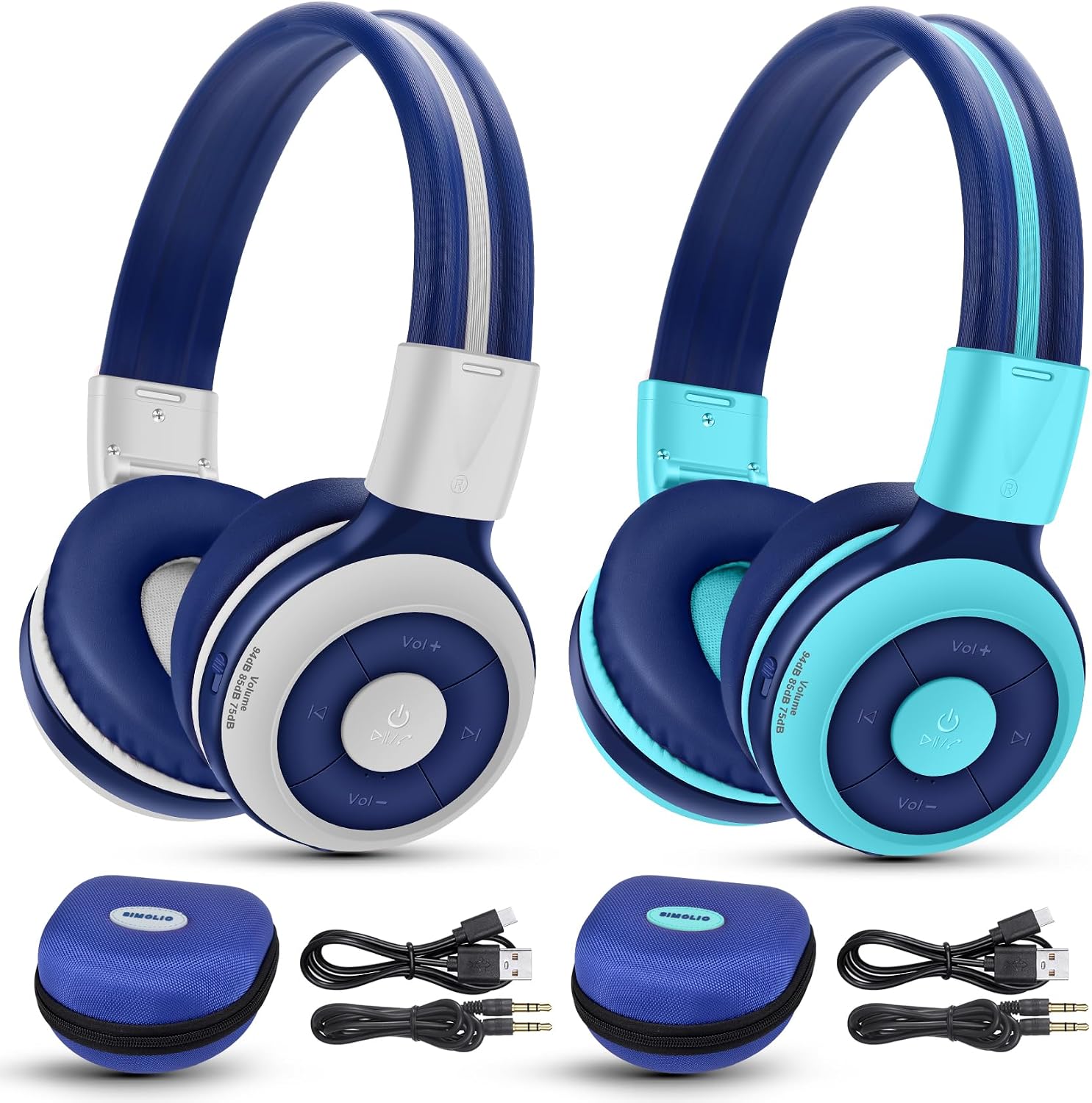 SIMOLIO Kids Wireless Bluetooth Headphones with Mic, Auracast & Volume Limiter, Share Audio, Foldable, Compact Case, Perfect for Travel, School, and Online Learning