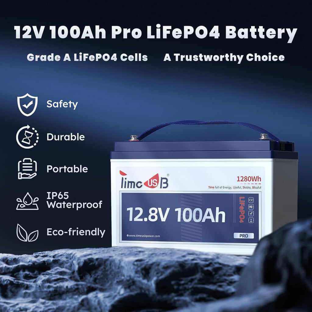 Timeusb 12V 100Ah LiFePO4 Lithium Battery, 4000+ Deep Cycle Lithium Battery, Built-in 100A BMS, Ideal for Trolling Motor, RV, Solar Panel Systems, Off-Grid Applications, Marine Travel Trailer Camp