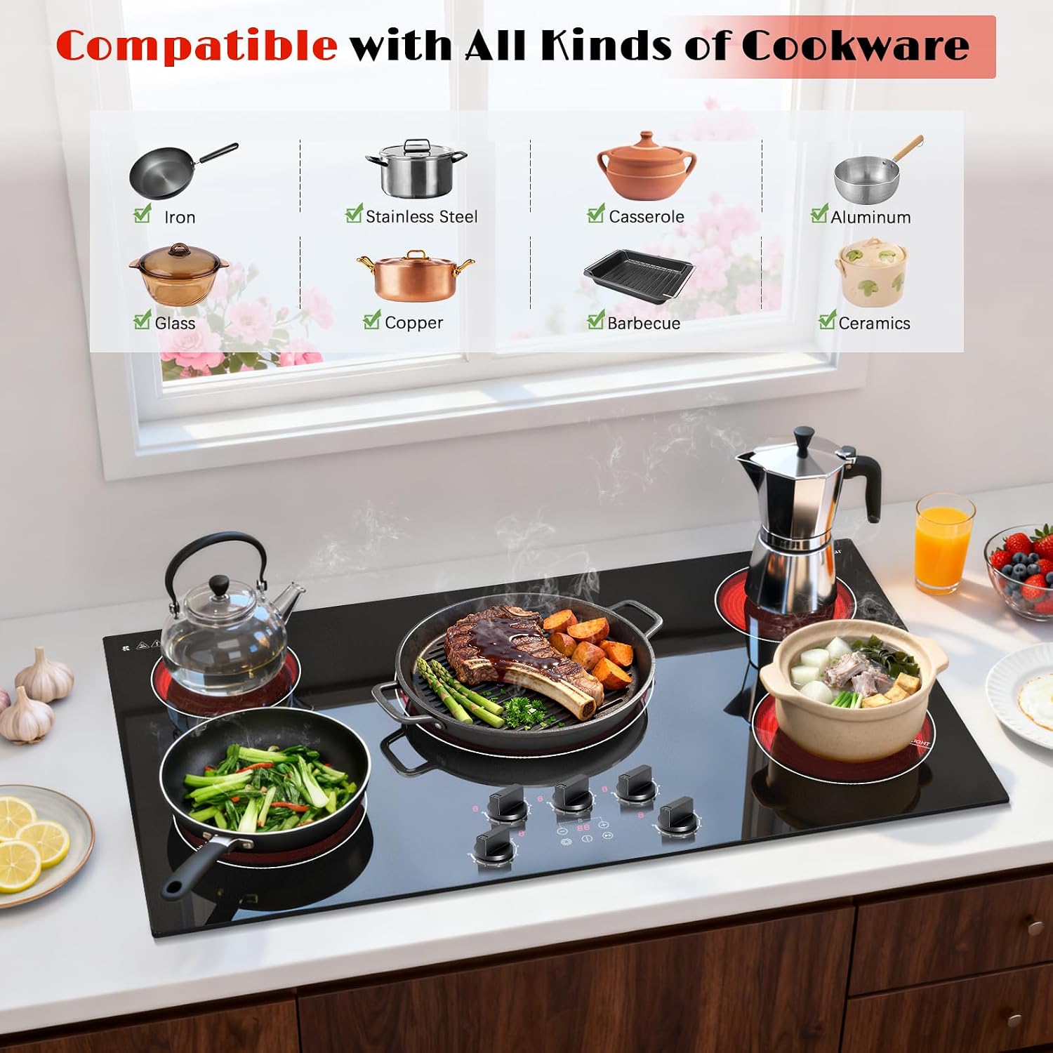 Karinear 36 inch Electric Cooktop, 5 Burner Radiant Cooktop with Knob & Touch Control, 9200W 240V Built-in Stove Top, 9 Power Levels, Timer, Child Lock, Pause, Residual Heat Indicator(Black Knob)