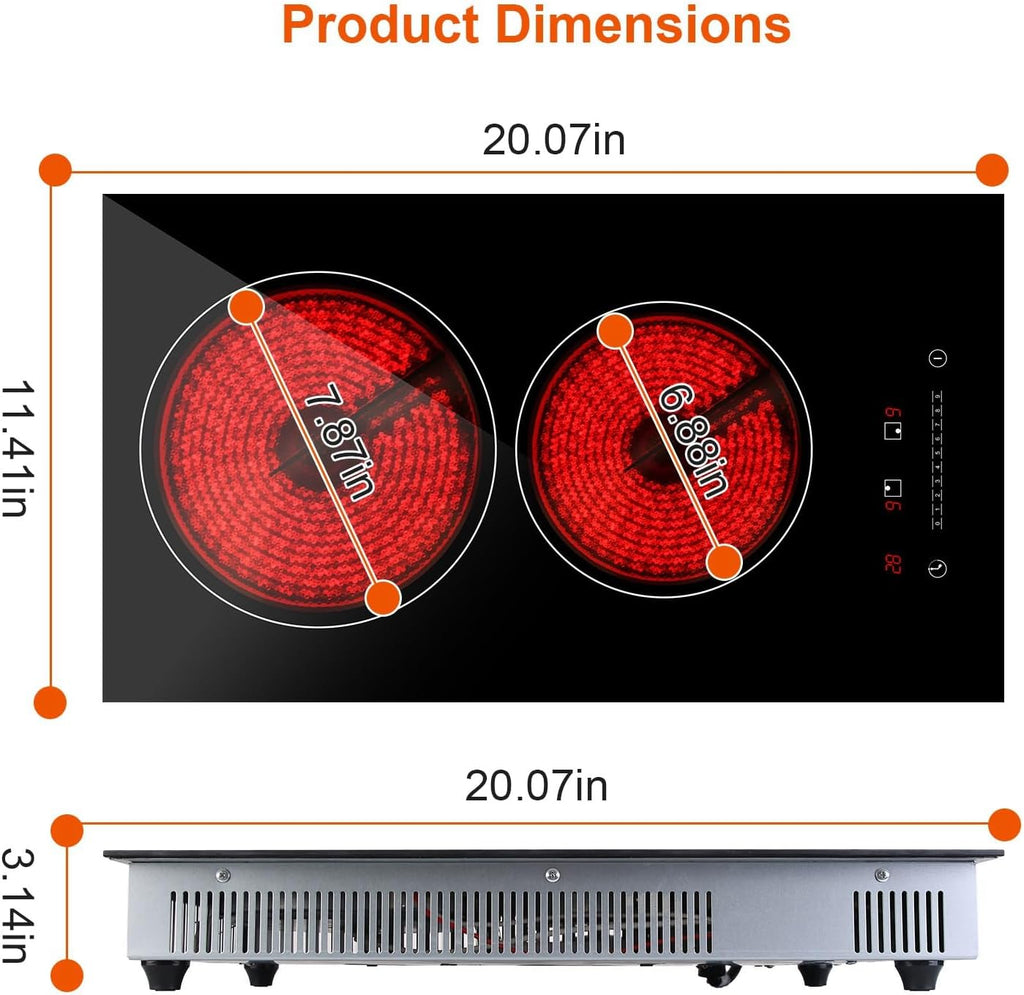 TeqHome 2 Burner Electric Cooktop, 1900W Plug in Radiant Electric Stove Top, 12' Built-in Ceramic Cooktop with Residual Heat Indicator, 9 Power Levels,Touch Control,Timer,Overheat Protection,110V-120V