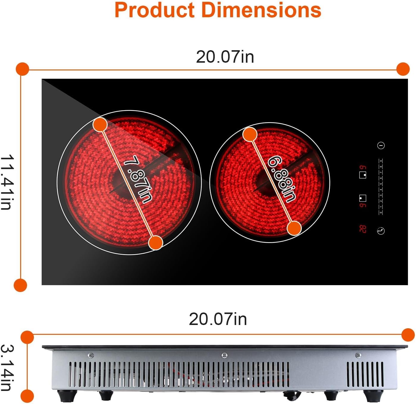 TeqHome 2 Burner Electric Cooktop, 1900W Plug in Radiant Electric Stove Top, 12' Built-in Ceramic Cooktop with Residual Heat Indicator, 9 Power Levels,Touch Control,Timer,Overheat Protection,110V-120V