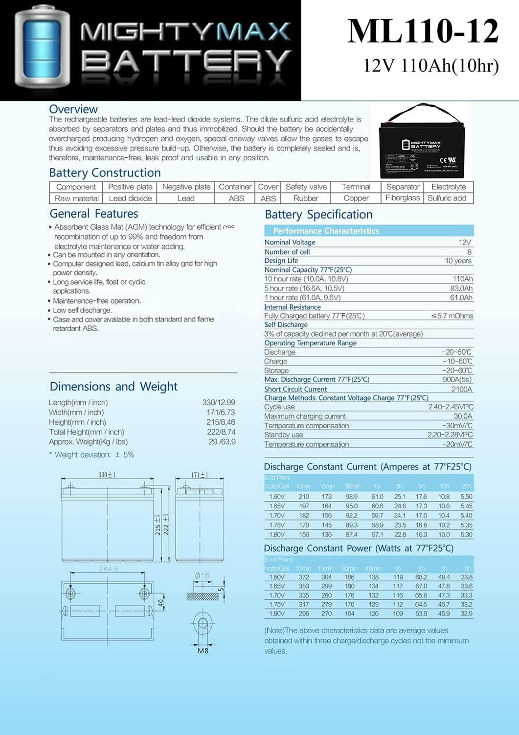 ML110-12 - 12 Volt 110 AH, Internal Thread (INT) Terminal, Rechargeable SLA AGM Battery
