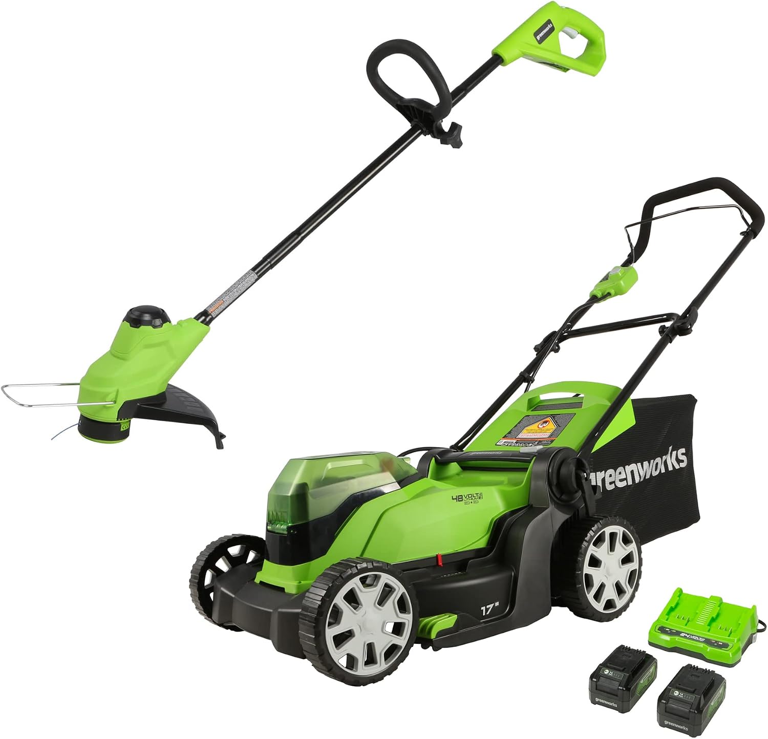 Greenworks 48V 17' Cordless Electric Lawn Mower, String Trimmer, (2) 4.0Ah Batteries and Rapid Charger