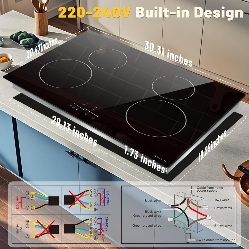 Noxton 30 inch Induction Cooktop, 7200W Electric Cooktop with 4 BOOST Burners, 9 Power Settings, Timer, Child Safety Lock, Pause, 220~240V Hard Wire Induction Stovetop