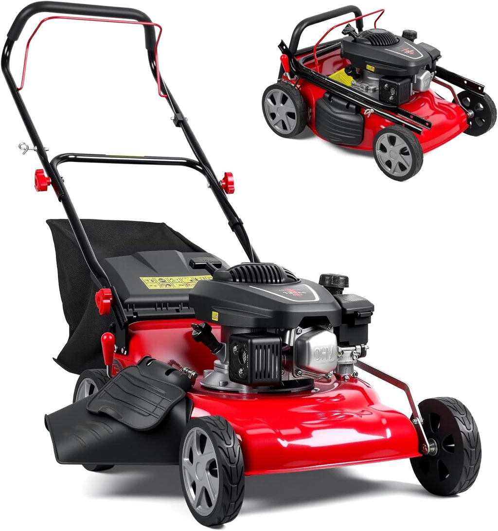 19 Inch Foldable Self Propelled Lawn Mower, 3-in-1 Gas Lawnmower with 131cc 4-Cycle Engine, Bagging, Mulching and Side Discharge, Adjustable 8-Positions Cutting Height, Easy Start Red