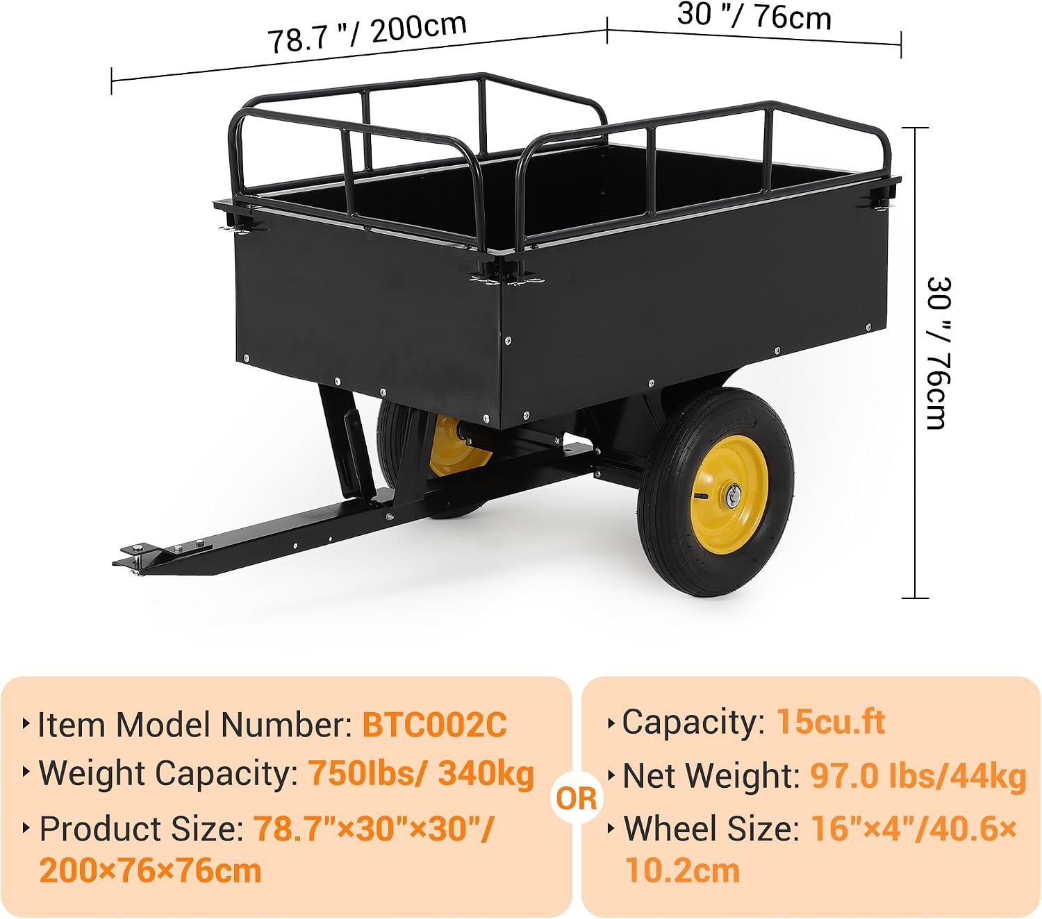 GAOMON Heavy Duty ATV Trailer Tow Behind Dump Cart, 17 Cu.Ft. 750Lbs Capacity, Pull Behind Steel Yard Wagon Dump Trailer for Tractor Lawn Mower Garden