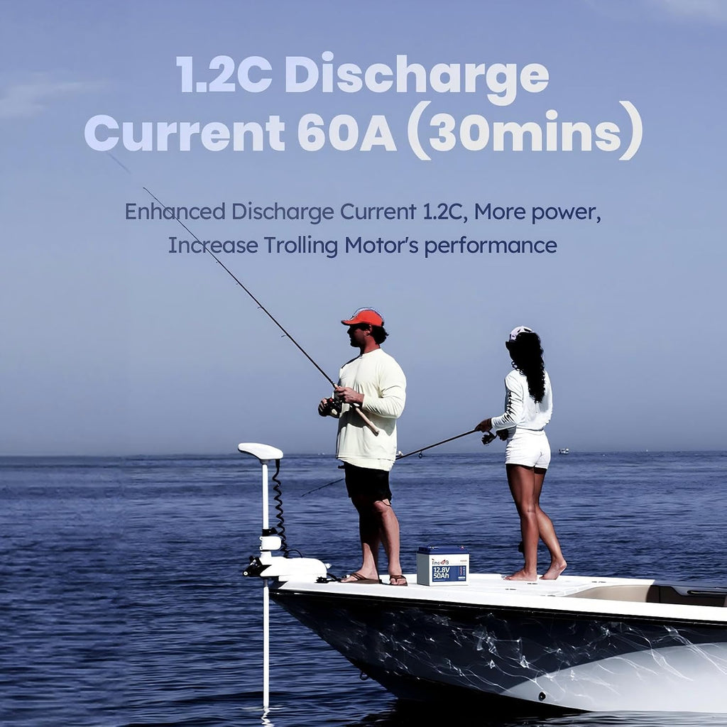 Timeusb 12V 50Ah Trolling Motor Lithium LiFePO4 Battery with Low-temp Protection, Grade A Cells Built-in 50A BMS, 15000+ Deep Cycle Marine Lithium Battery Perfect for Kayak, RV, Camping, Kayak
