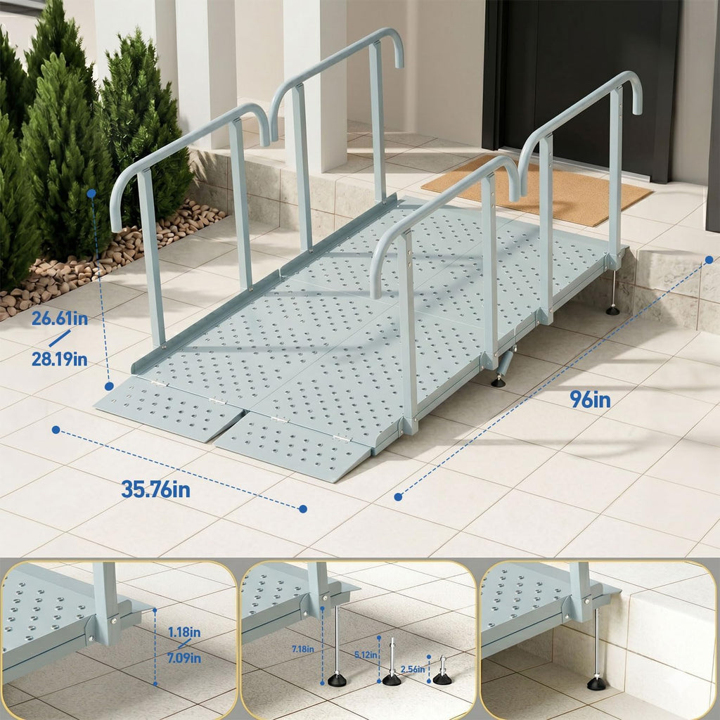 8'L x 36' W Portable Wheelchair Ramp with Handrails, Non-Slip Heavy Duty Handicap Ramp 850lbs Load Capacity, Wheelchair Ramp for Home Steps, Stairs, Doorway
