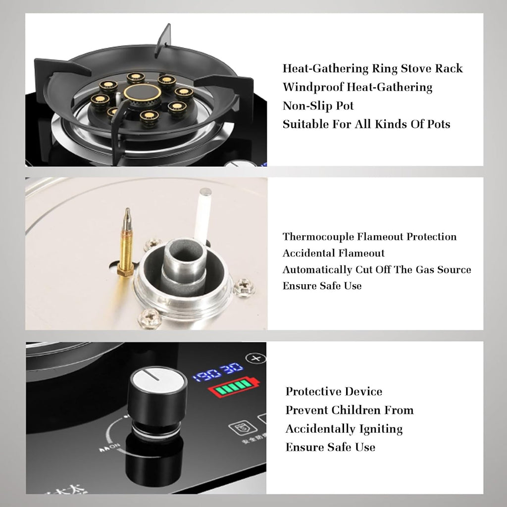 Gas Stove Single Burner,7.0KW Nine-Cavity High-fire Timer,Gas/LP Gas Conversion Stove,Tempered Glass Cast Iron Pot Rack,with Flameout Protection,for Home Kitchen(LPG)