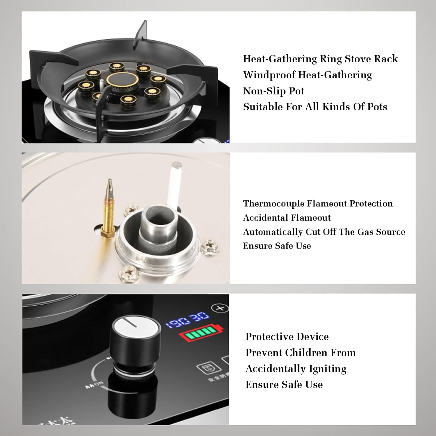 Gas Stove Single Burner,7.0KW Nine-Cavity High-fire Timer,Gas/LP Gas Conversion Stove,Tempered Glass Cast Iron Pot Rack,with Flameout Protection,for Home Kitchen(LPG)