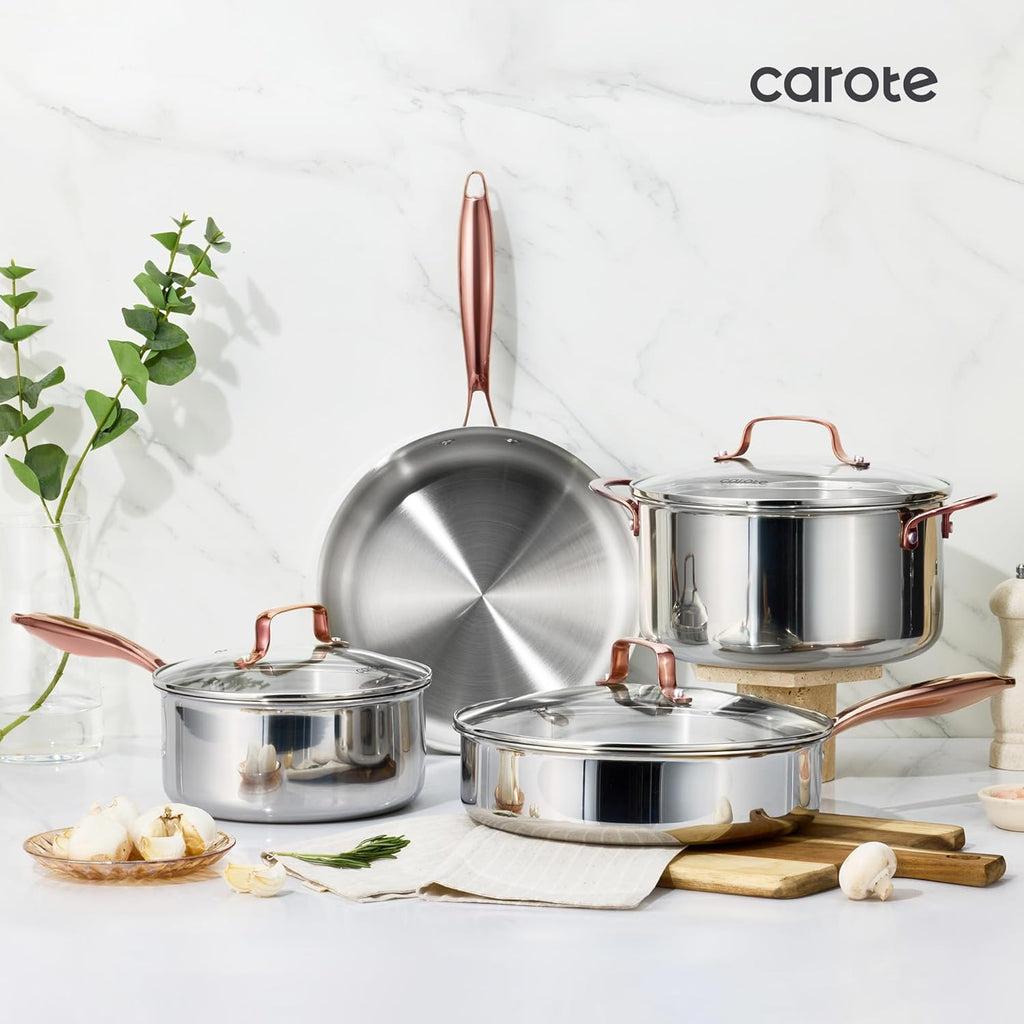 CAROTE 21pcs Tri-Ply Stainless Steel Cookware Set, Pots and Pans Set, Non Toxic Induction Kitchen Cooking Sets, Cookware Collection, Mirror Polish, Gold, Mothers Day Gifts