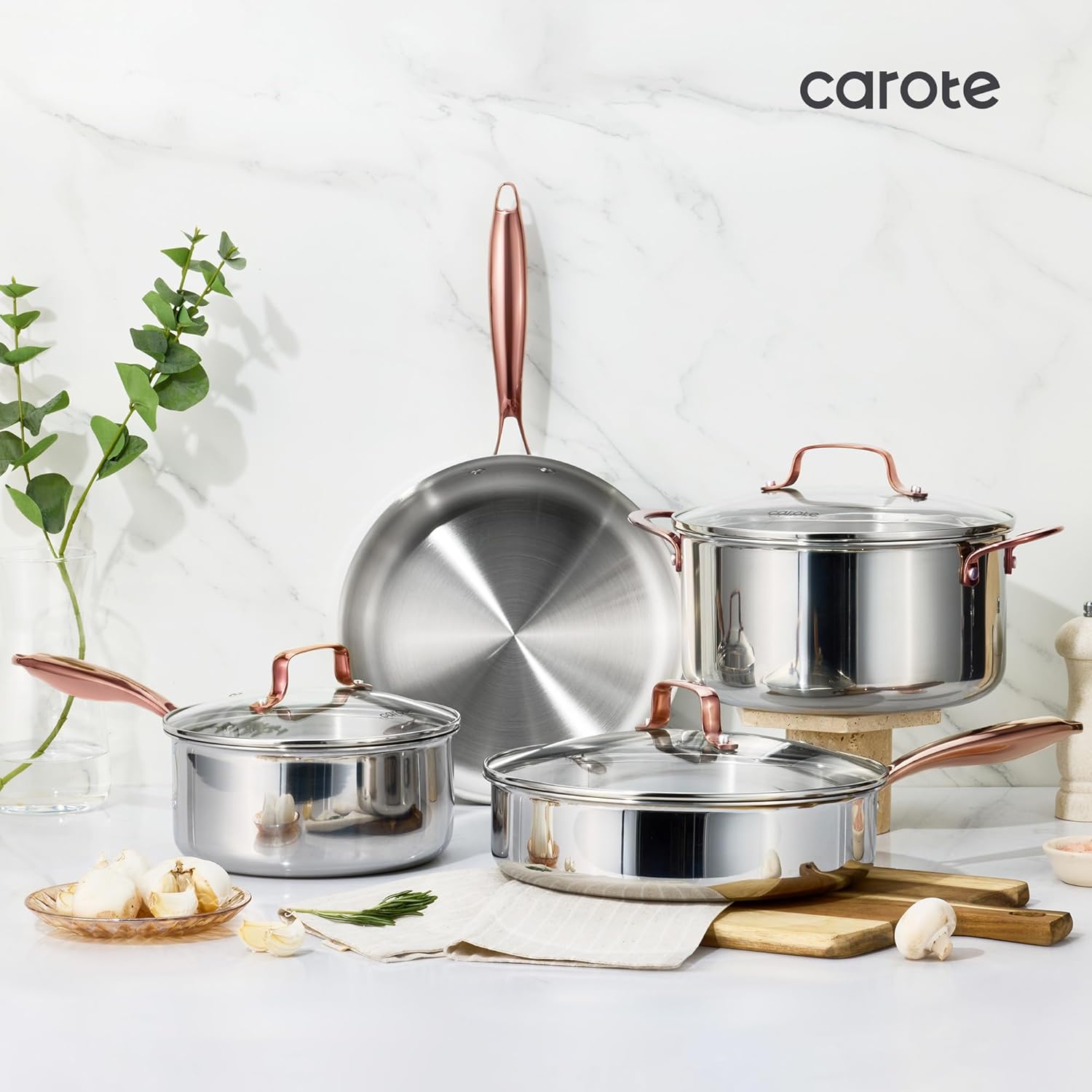 CAROTE 21pcs Tri-Ply Stainless Steel Cookware Set, Pots and Pans Set, Non Toxic Induction Kitchen Cooking Sets, Cookware Collection, Mirror Polish, Gold, Mothers Day Gifts