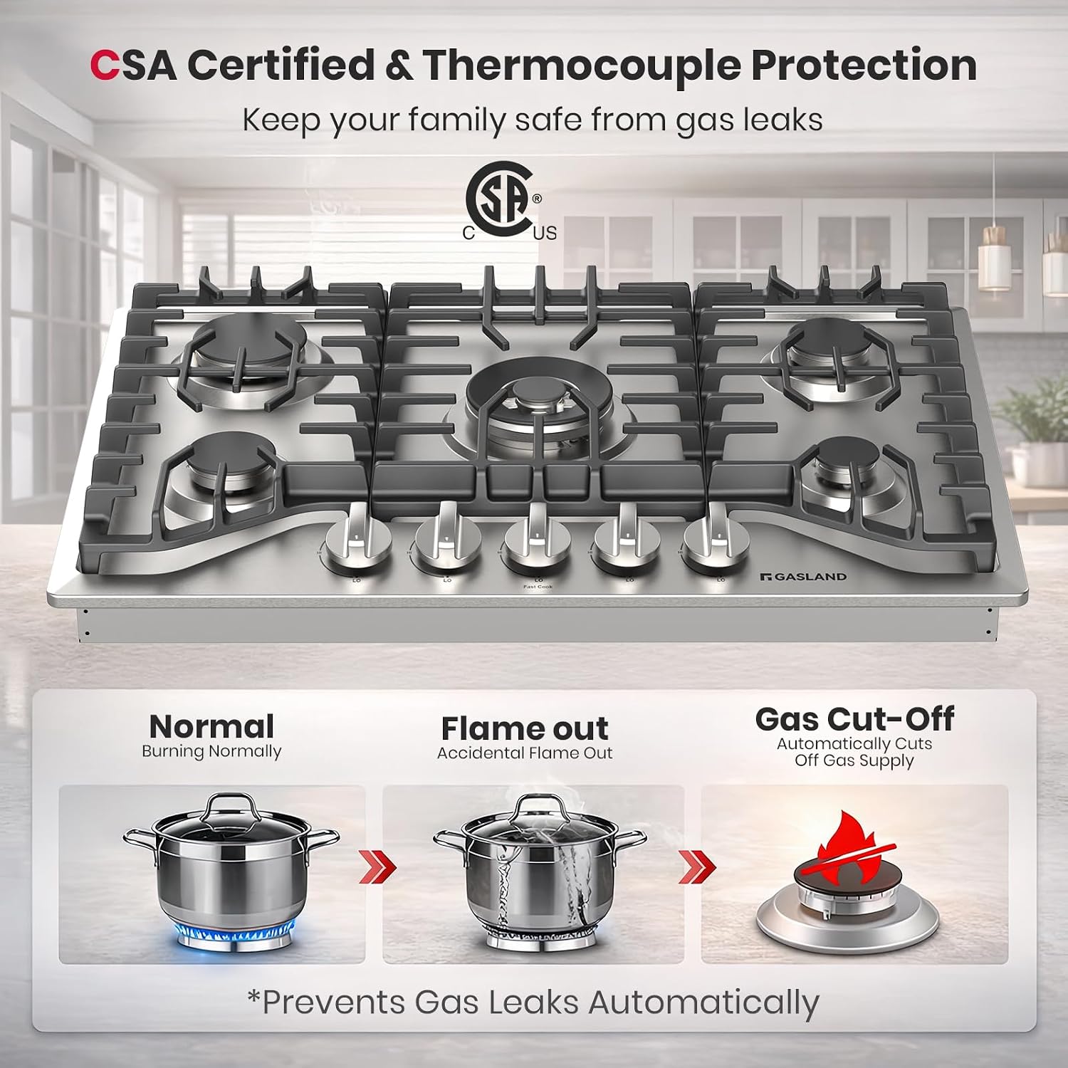 GASLAND Gas Cooktop 30 Inch, 5 Burners Propane Stovetop, Built-in NG/LPG Convertible Cooktops, Gas Countertop 120V Plug-in with Thermocouple Protection, 304 Stainless Steel Panel, CSA Certified