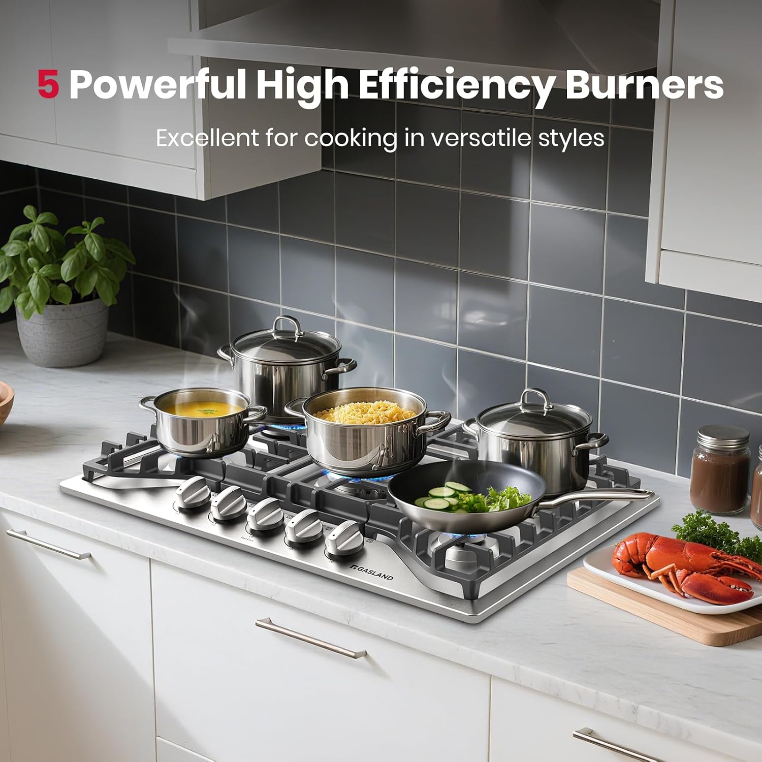 GASLAND Gas Cooktop 30 Inch, 5 Burners Propane Stovetop, Built-in NG/LPG Convertible Cooktops, Gas Countertop 120V Plug-in with Thermocouple Protection, 304 Stainless Steel Panel, CSA Certified