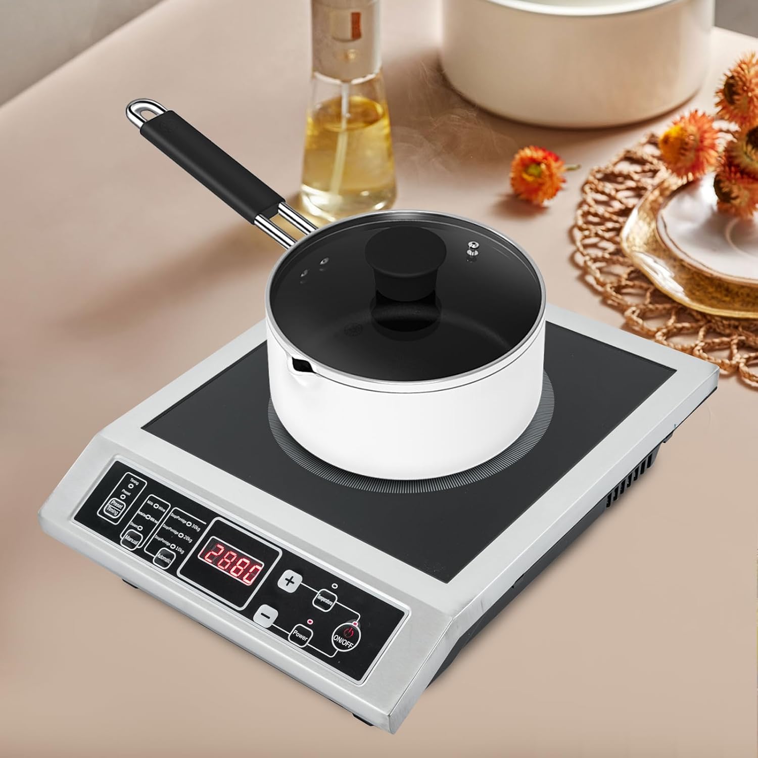 3500W Induction Cooktop Induction Cooker, Stainless Steel Commercial Grade Countertop Induction Cooker Professional Portable Electric Burner 8 Power&Temperature Settings LCD Screen