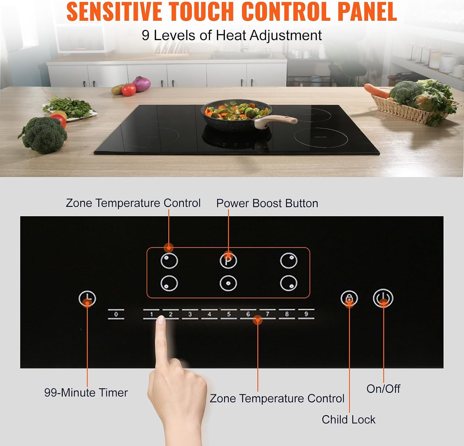 Happybuy Electric Cooktop, 5 Burners, 36'' Induction Stove Top, Built-in Magnetic Cooktop 9200W, 9 Heat Levels, Multifunctional Burner, LED Touch Controls with Child Lock & Overheat Protection