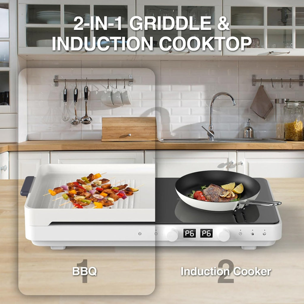 Dual Induction Cooktop, 2 Burner Electric Cooktop with Removable Griddle Non-Stick, Induction Burner, Suitable for Magnetic Cookware