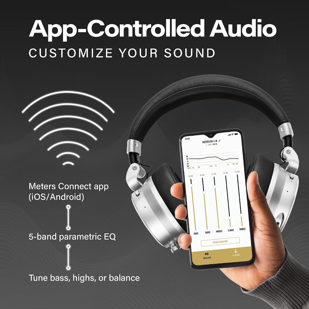 Meters OV-1-B-C Over-Ear Wireless Headphones with Active Noise Cancellation - Studio-Quality Sound with 16-Hour Playback & VU Display - Bluetooth 5.0, App-Controlled, 40mm Drivers (Black)