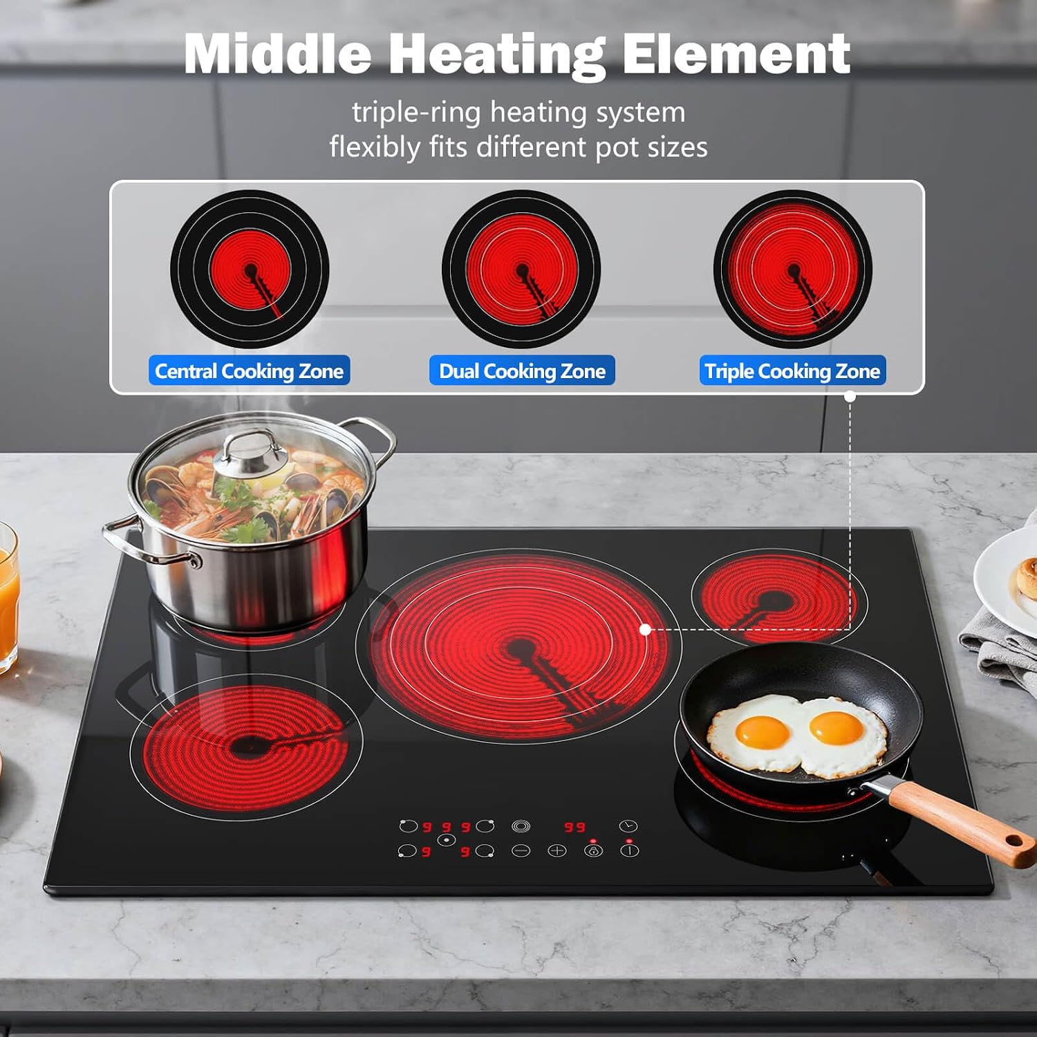 SNDOAS Electric Cooktop 30 inch,9000W 5-Burner Built-in Electric Stove Top with Ceramic Glass & 9 Power Levels,240V Hardwired,Child Lock & Overheat Protection,30' for Standard Countertop Cutout