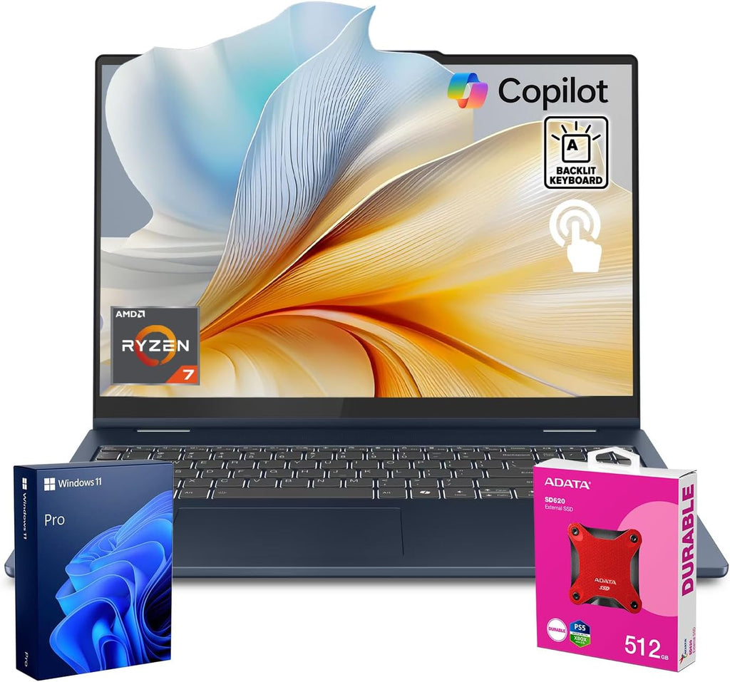 Lenovo 2025 IdeaPad Slim 5 Next Gen AI Copilot Business Laptop, 16' FHD+ Touchscreen, AMD Ryzen 7 350, 64GB DDR5 RAM, 2TB SSD, Backlit KB, Wi-Fi 7, W11P, Bundle with ADATA 512GB External SSD