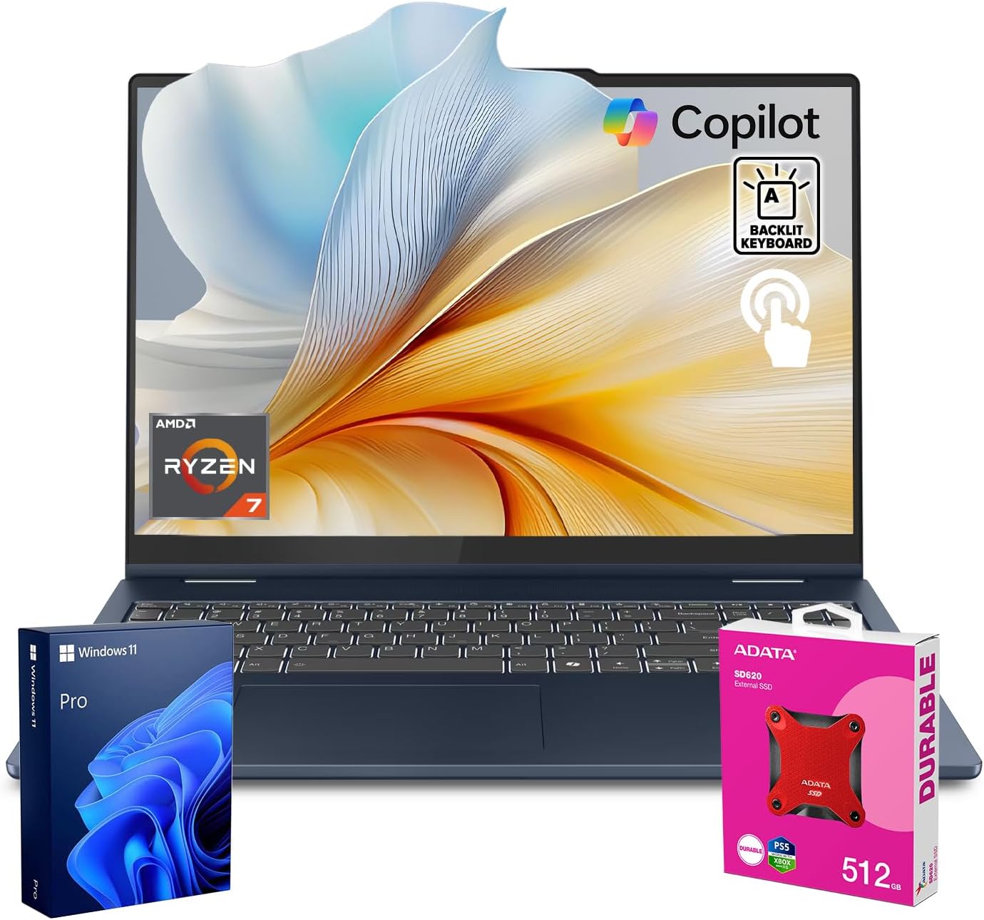Lenovo 2025 IdeaPad Slim 5 Next Gen AI Copilot Business Laptop, 16' FHD+ Touchscreen, AMD Ryzen 7 350, 64GB DDR5 RAM, 2TB SSD, Backlit KB, Wi-Fi 7, W11P, Bundle with ADATA 512GB External SSD