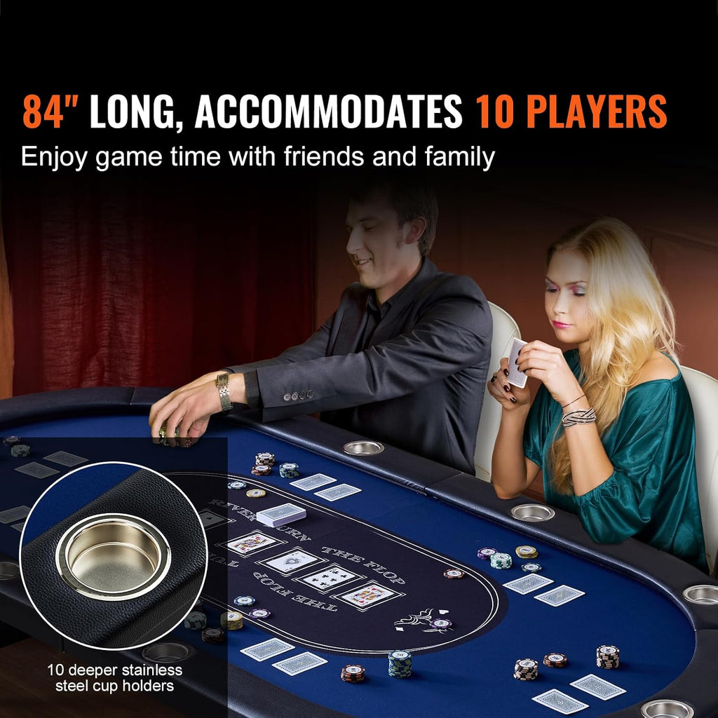 Happybuy 10 Player Foldable Poker Table, 84' Oval Card Table with Padded Rails & Stainless Steel Cup Holders, Portable Blackjack & Texas Hold'em Game Table