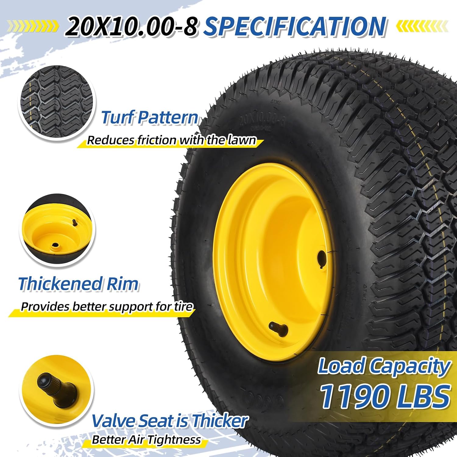 GICOOL 20x10.00-8 Lawn Mower Tire and Wheel, 3/4' Borehole, and 3/16' Keyway, 3.5' Offset Hub, 4 Ply Tubeless Tire, Replacement 20x10-8nhs Riding Lawn Mower and Tractor Rear Tire and Wheel Assemblies