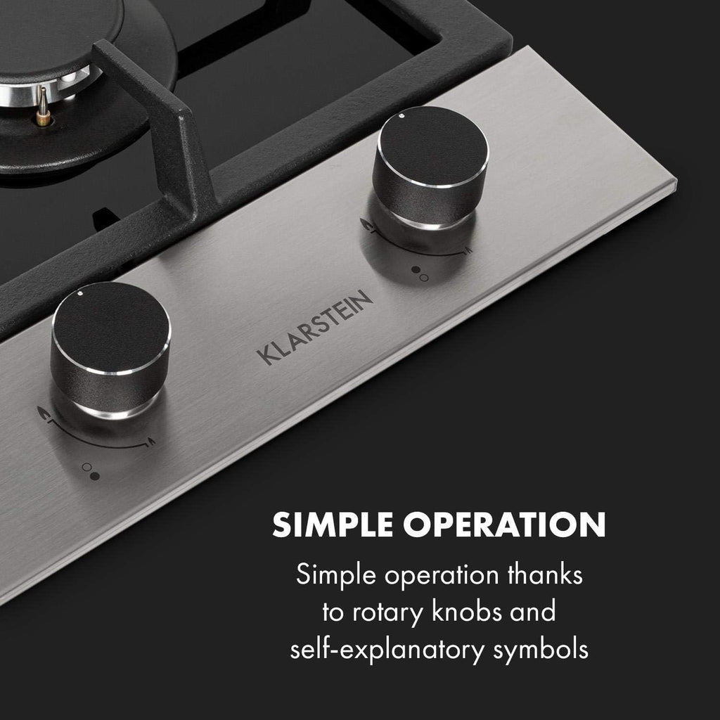 KLARSTEIN Alchemist - Gas Cooktop, 2 Burners, 12 Inches Elegant Gas Stove, Stainless Steel, Built in & Self-Sufficient, Natural/Butane Gas, Automatic Switch-off, Glass Ceramic, Black