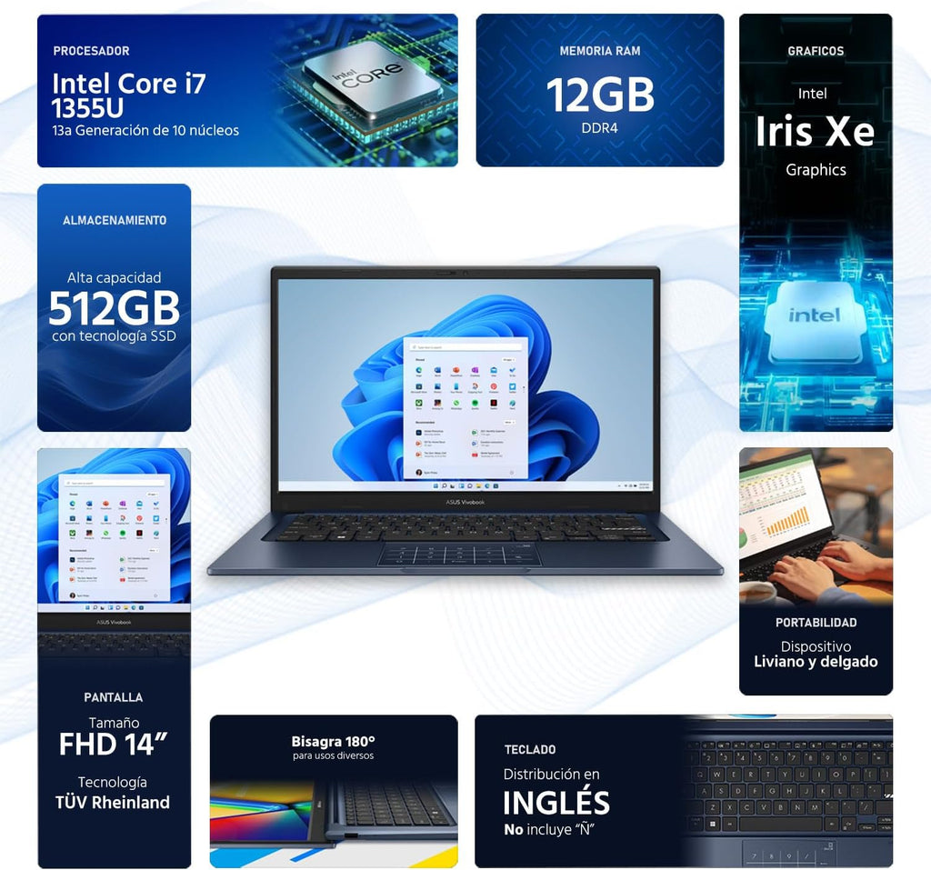 ASUS Vivobook 14 14' FHD Laptop, Intel Core i7-1355U, 1.7GHz, 12GB RAM, 512GB SSD, Windows 11 Home, Intel UHD Graphics, Wi-Fi5, Bluetooth, Quiet Blue, X1404VA-I712512