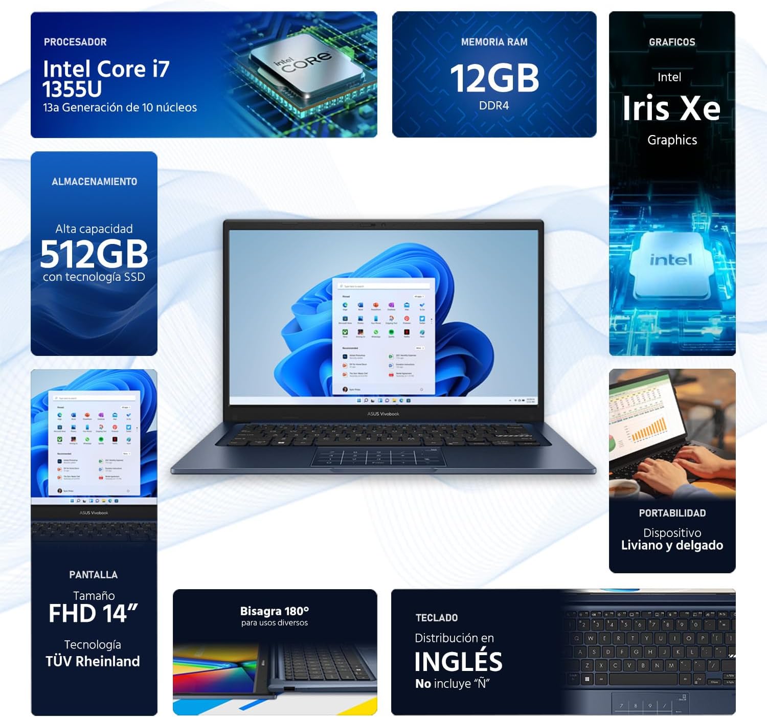 ASUS Vivobook 14 14' FHD Laptop, Intel Core i7-1355U, 1.7GHz, 12GB RAM, 512GB SSD, Windows 11 Home, Intel UHD Graphics, Wi-Fi5, Bluetooth, Quiet Blue, X1404VA-I712512