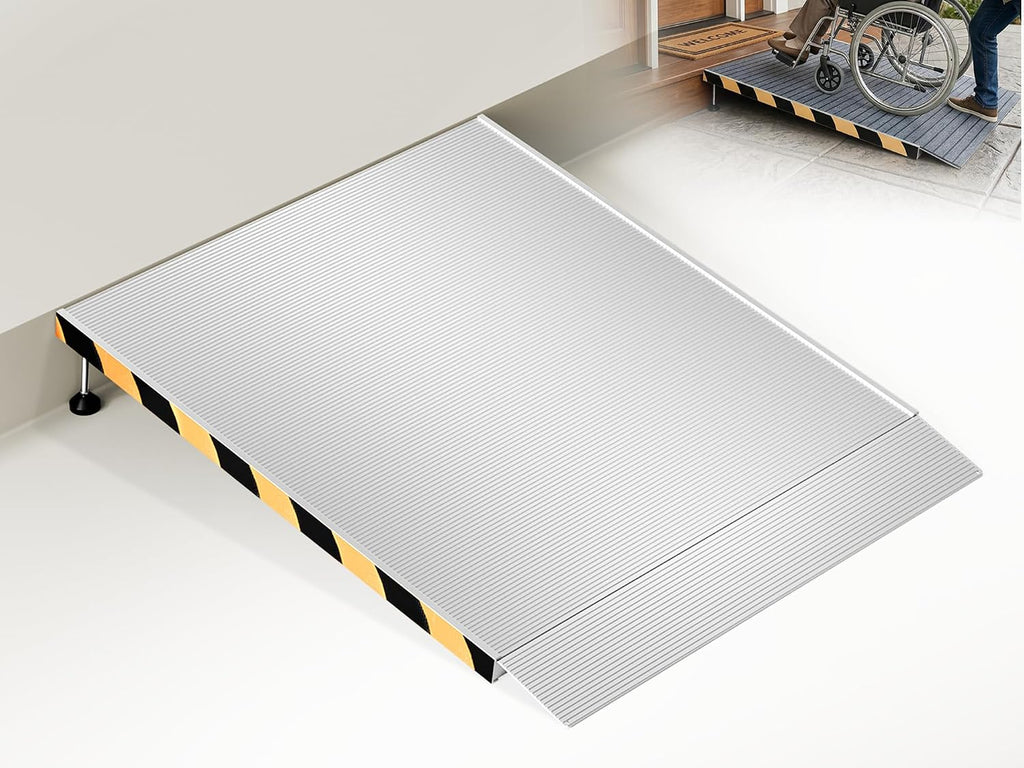 Aluminum Threshold Ramp for Doorways, Adjustable 3.34' to 5.3' Rise, 48' Portable Wheelchair Walker Ramp for Home with Adjustable Leveling Feet and Non-Slip Door Mat, for Steps, Curbs and Entryways