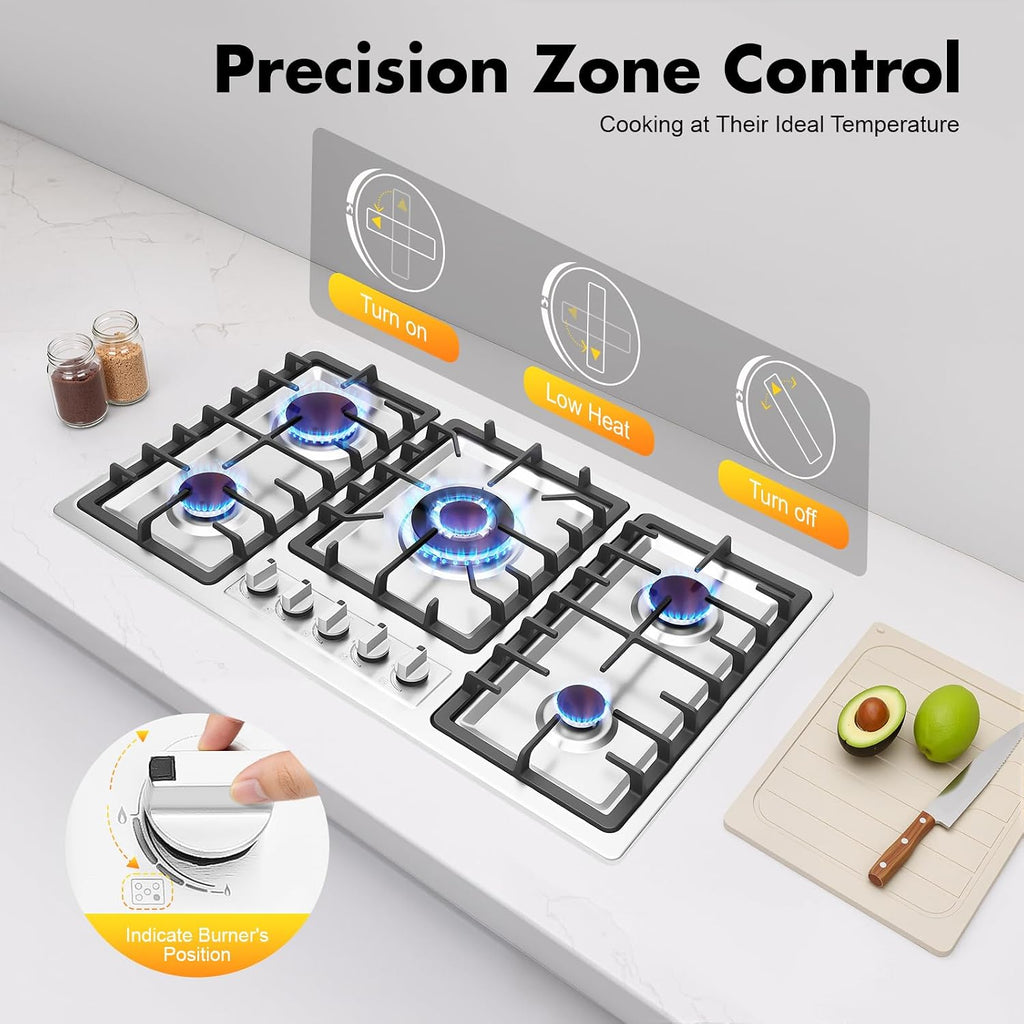 34 inch Gas Cooktop, Stainless Steel Built-in 5 Burners Stovetop, LPG/NG Dual Fuel Auto Ignition Gas Hob, Propane Stove Top with Thermocouple Protection for Apartments Indoor