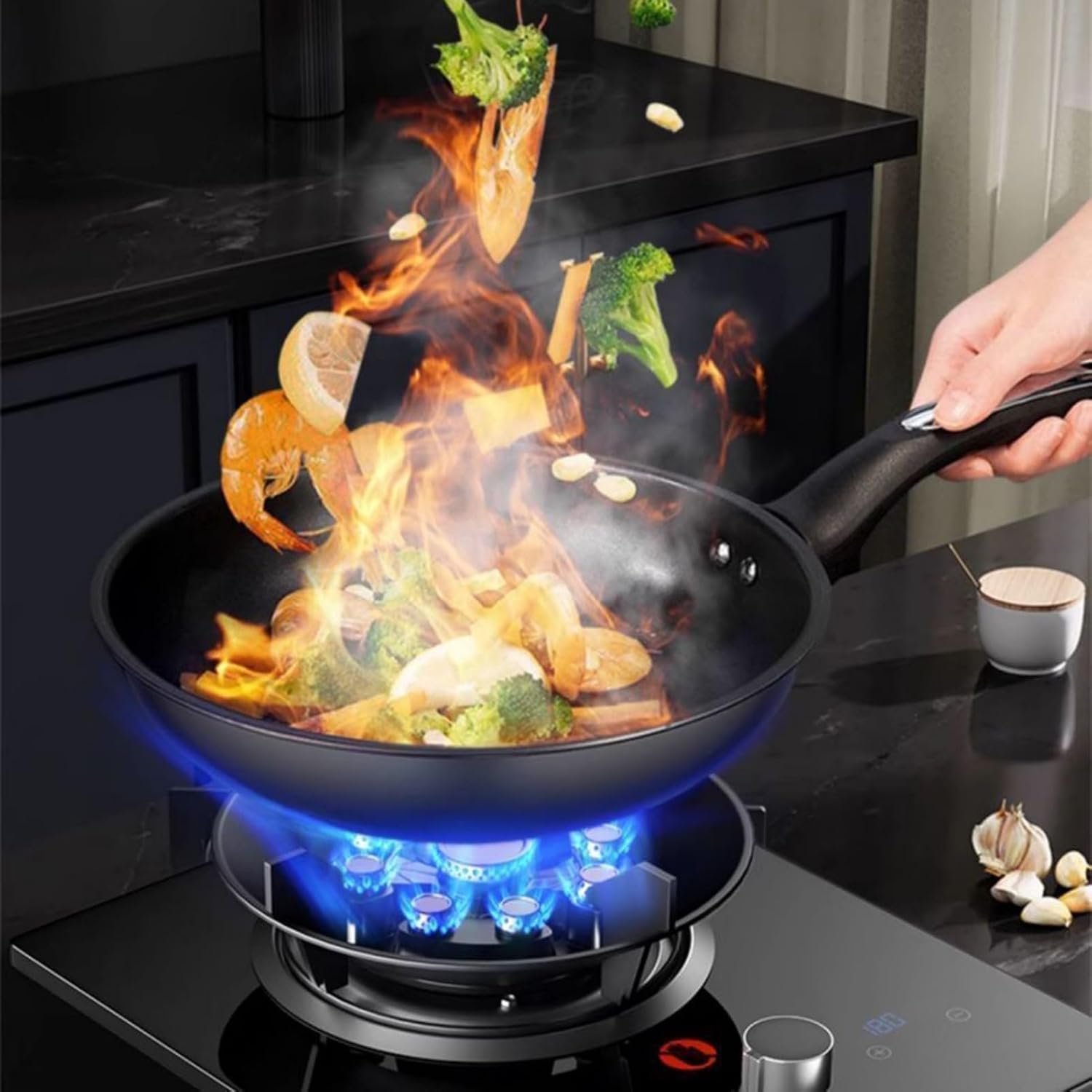 1 Burner Gas Stove,4.8KW 9-Chamber Fire Ring Frying Pan,Tempered Glass Cooktop,with Flameout Protection and Timer,NG/LPG Gas Conversion(NG)