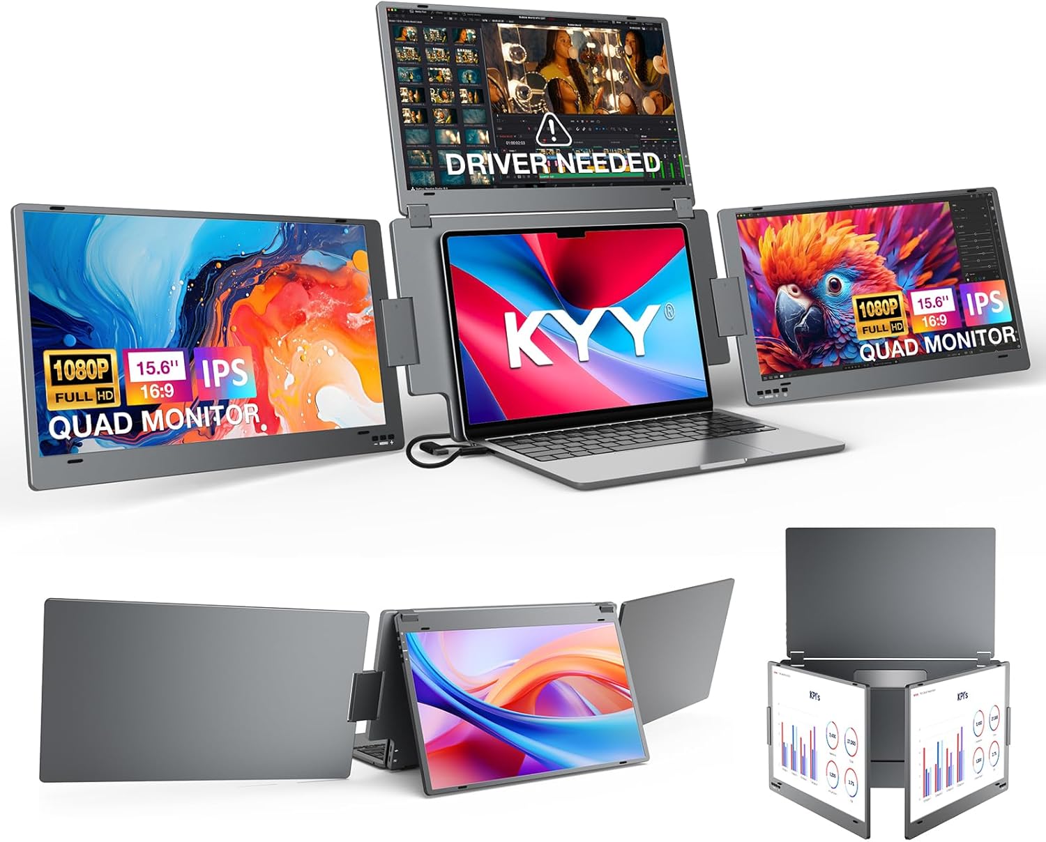 KYY Laptop Screen Extender for Laptop, 15.6' Quad Portable Monitor, 1080P Triple Screen Laptop Monitor Extender, One Cable Connection, Alloy Body, Auto Rotation, for 12–17.3' Laptops, X90G