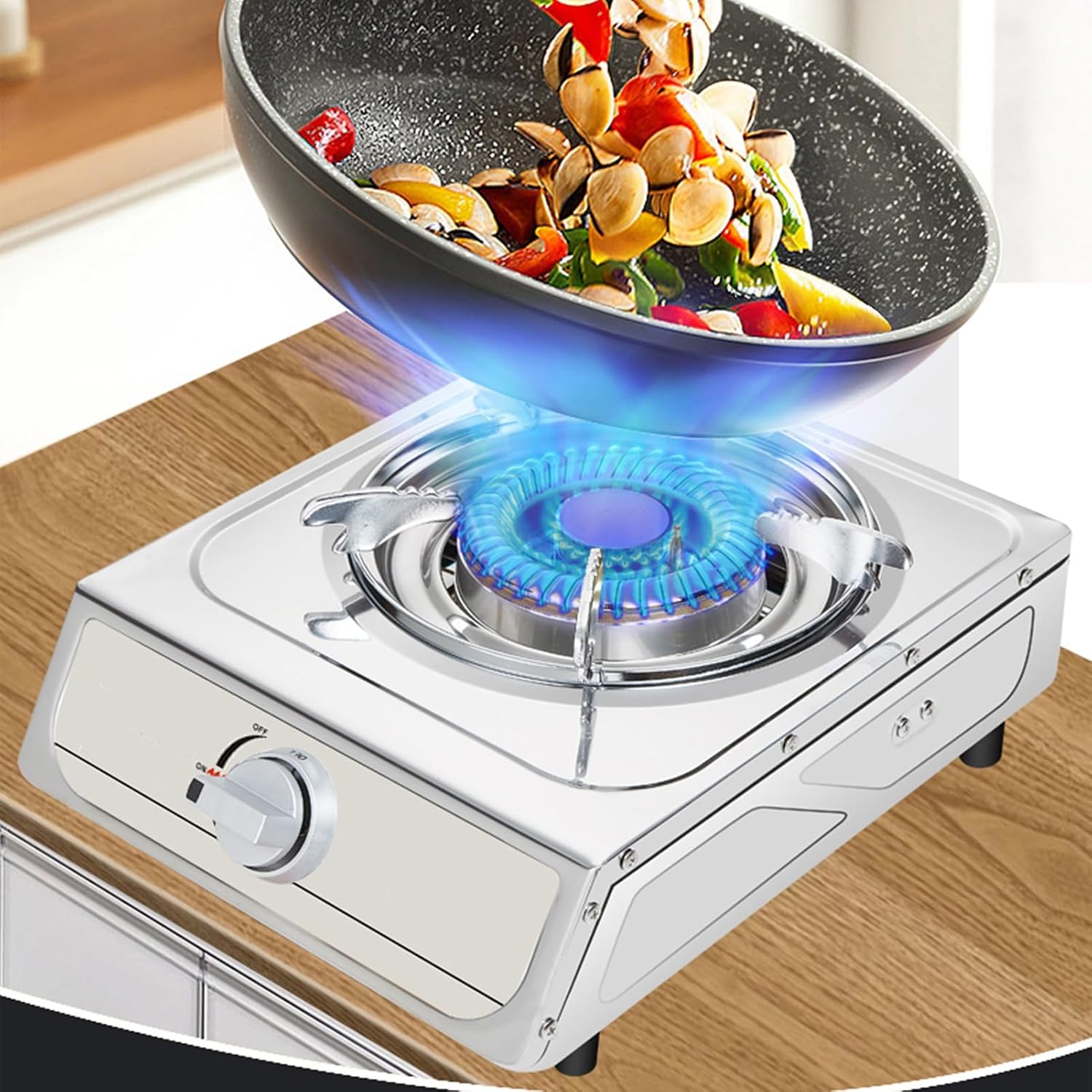 Single Burner Gas Stove,Energy-Gathering Direct-fire Bottled Liquefied Gas with Flameout Protection, Stainless Steel,Ideal for Kitchens,Apartments