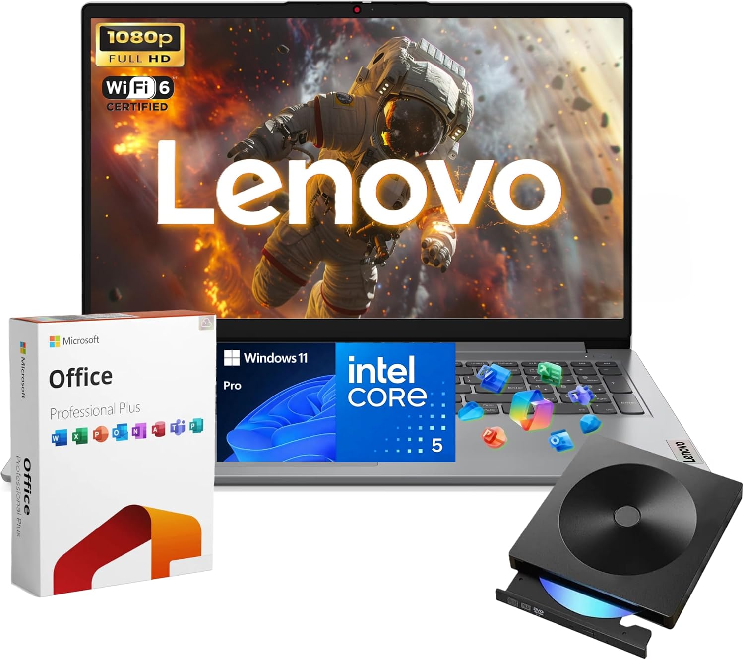 Lenovo IdeaPad 1i 15.6' FHD Laptop, Intel Core i5-1335U, 16GB RAM, 1TB SSD, Windows 11 Pro, Lifetime MS Office • Copilot AI, w/External DVD Drive, Long Battery Life, Wi-Fi 6, Dolby Audio, Cloud Gray