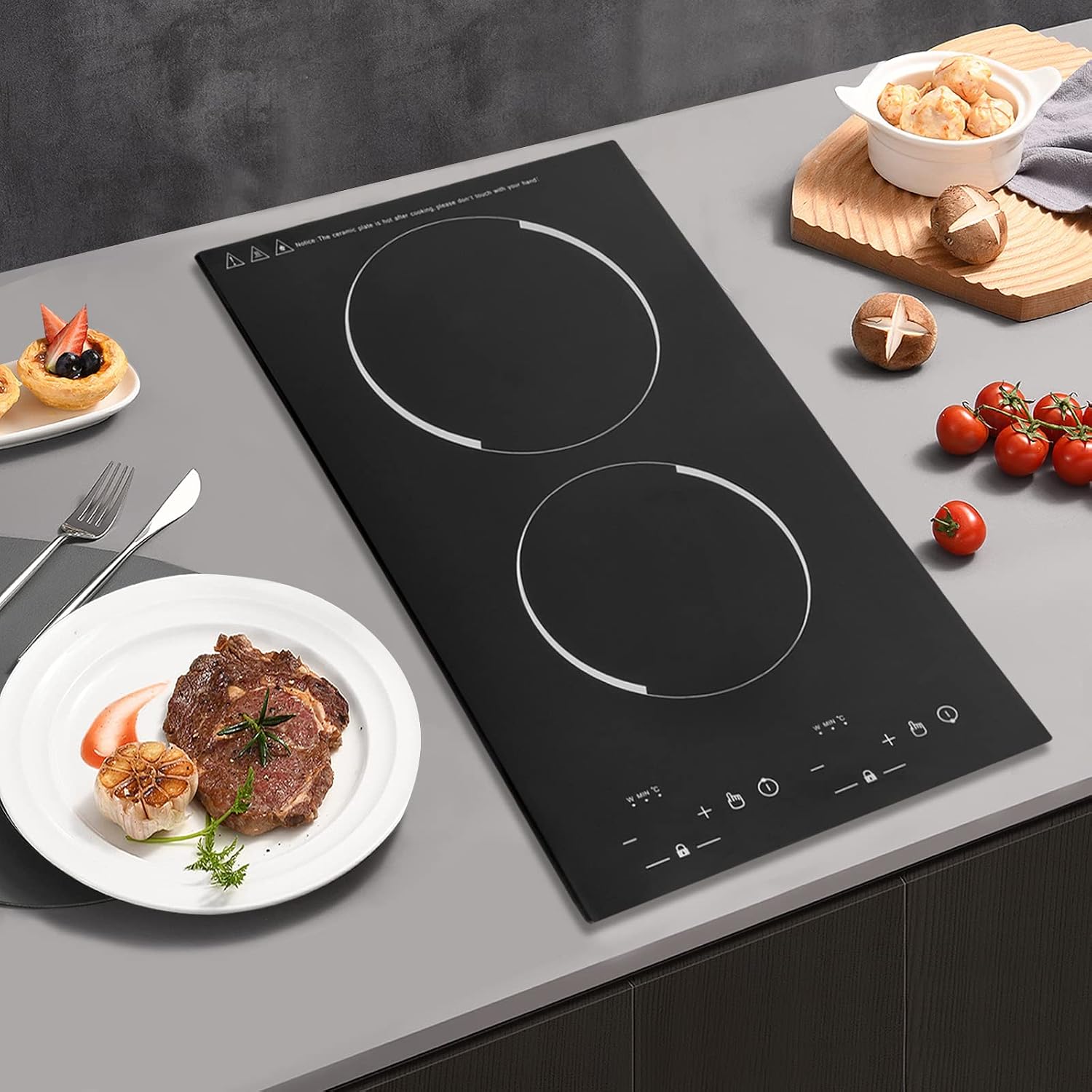 Double Induction Cooktop, 1200W+1100W-Multiple Power Levels, 9 Temperature, Portable Induction Cooker with 2 Burner Independent Control, 2 Hour Timer, Safety Lock for Home Apartment