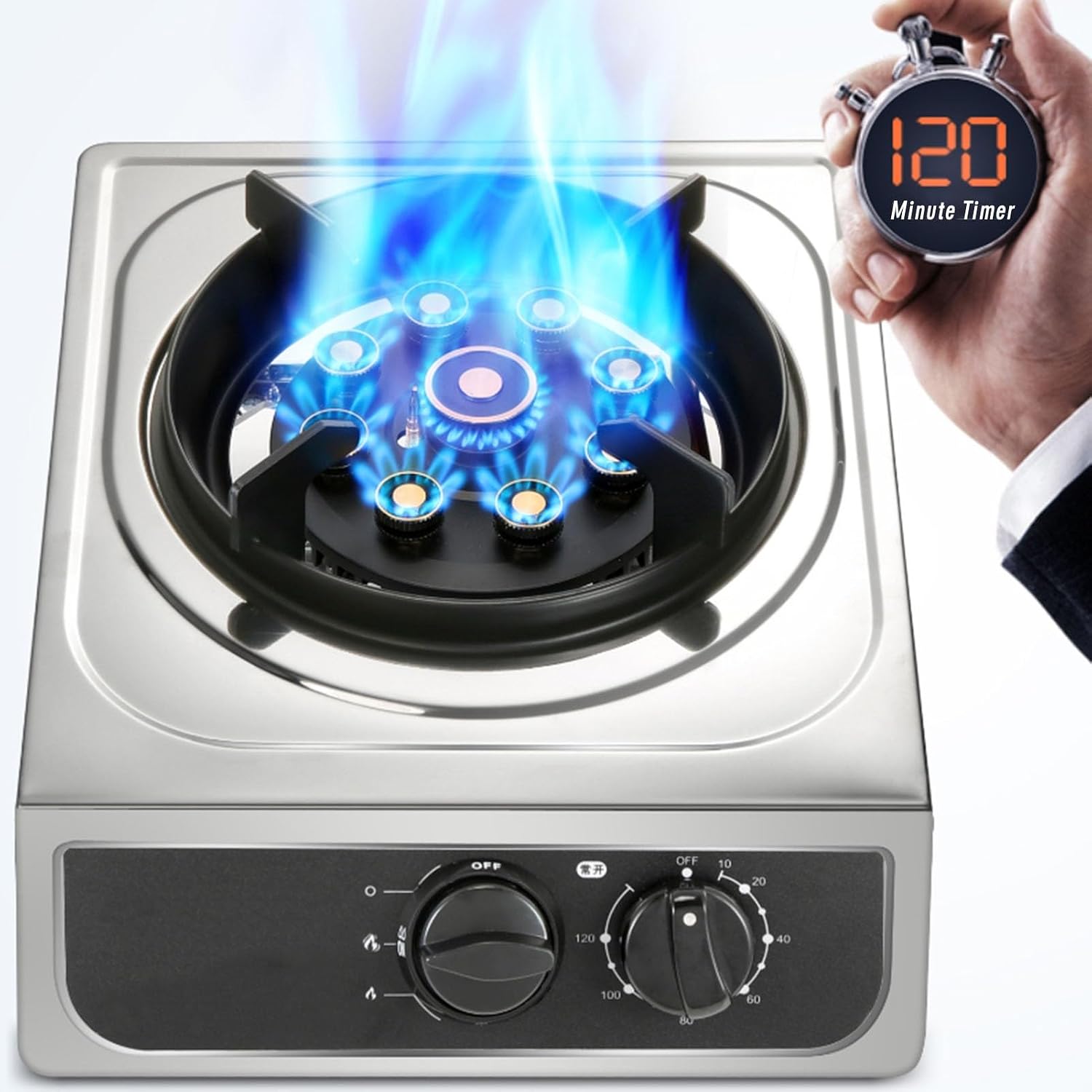 Stainless Steel Gas Stove,24566 BTU Desktop Single Burner,120min Timer Off,Flameout Protection,Easy to Clean,Suitable for Home Use (Size : LPG)