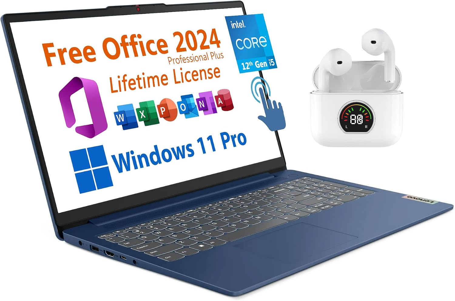 Lenovo 15.6' Laptop, Free Microsoft Office 2024 with Lifetime License, FHD Touchscreen, Intel 10-Core i5-1235U 4.4 GHz, WiFi 6, 16GB RAM, 1TB SSD, 7 hrs Battery Life, Windows 11 Pro, Toree Earbuds