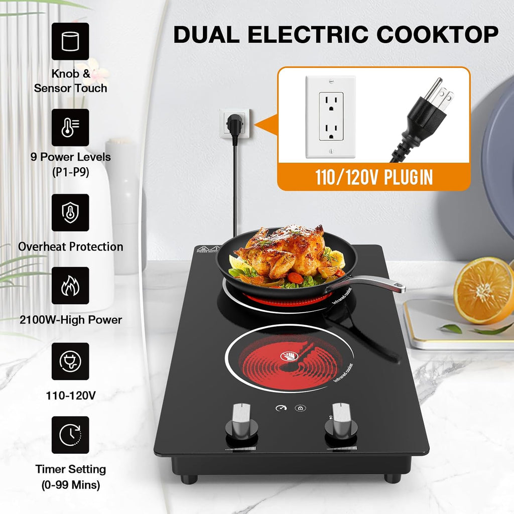 2 Burner Electric Cooktop, 2100W Electric Stove Top Hot Plate, 12 inch Countertop Burner & Built-In Stove Top, 9 Levels of Power, Knob Control, Timer & Kid Safety Lock, Residual Heat Warning