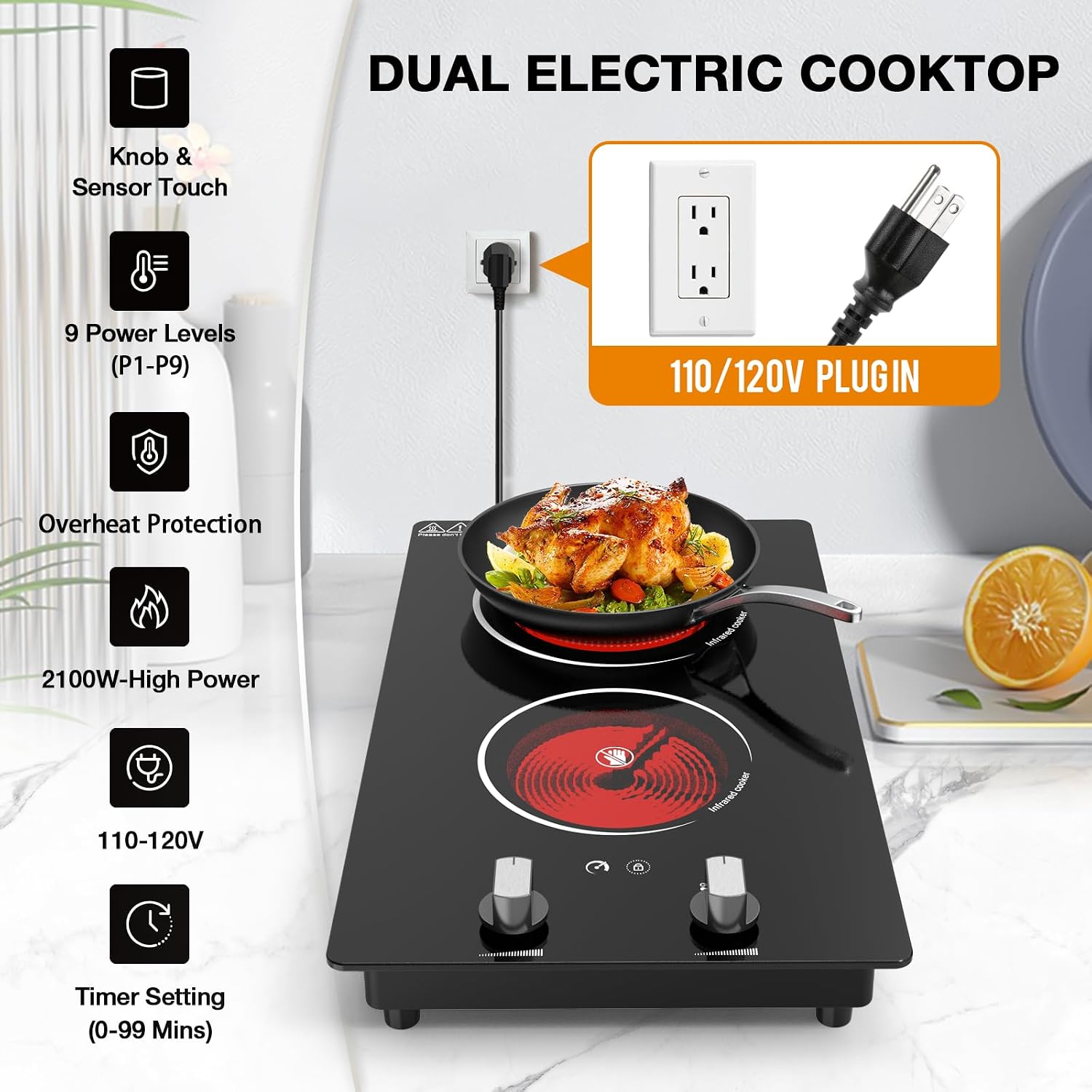 2 Burner Electric Cooktop, 2100W Electric Stove Top Hot Plate, 12 inch Countertop Burner & Built-In Stove Top, 9 Levels of Power, Knob Control, Timer & Kid Safety Lock, Residual Heat Warning