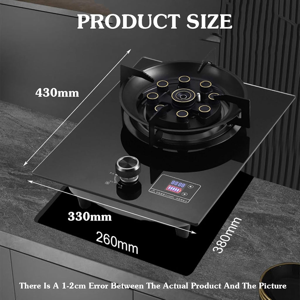 Gas Stove 1 Burner,5.2KW 9-Cavity Countertop Stove,Independent Timer Both Sides,Tempered Glass Cast Iron Pot Rack,NG/LPG Gas Source Kit(LPG)