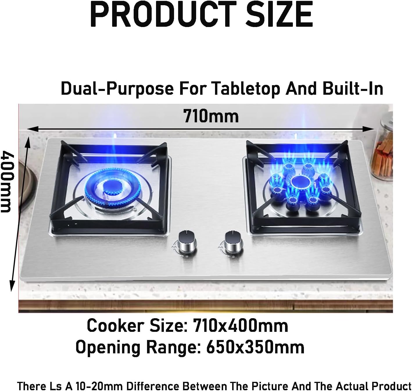 Portable Gas Stove,2 Burner Stainless Steel Cooktop,Square Stove Frame Pure Copper Fire Cover,LPG/NG Dual-purpose 5.2KW,for Home Outdoor Cooking(LPG)